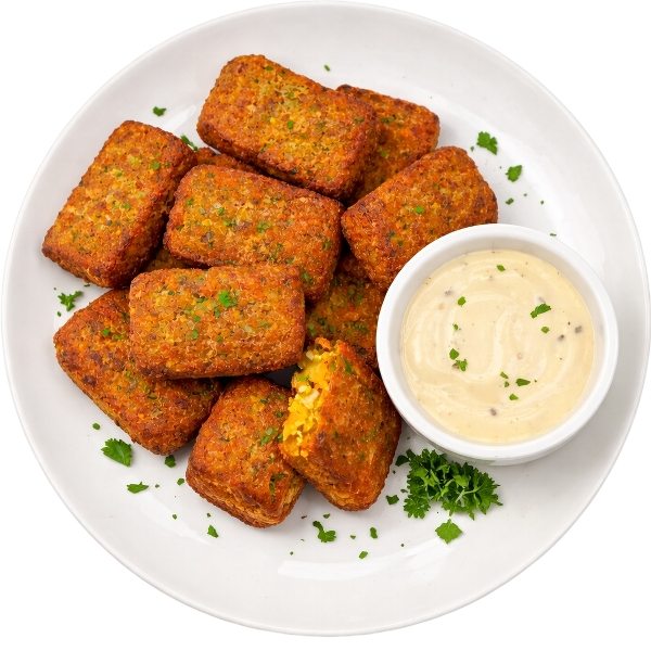 Fried croquettes with broccoli on a white plate