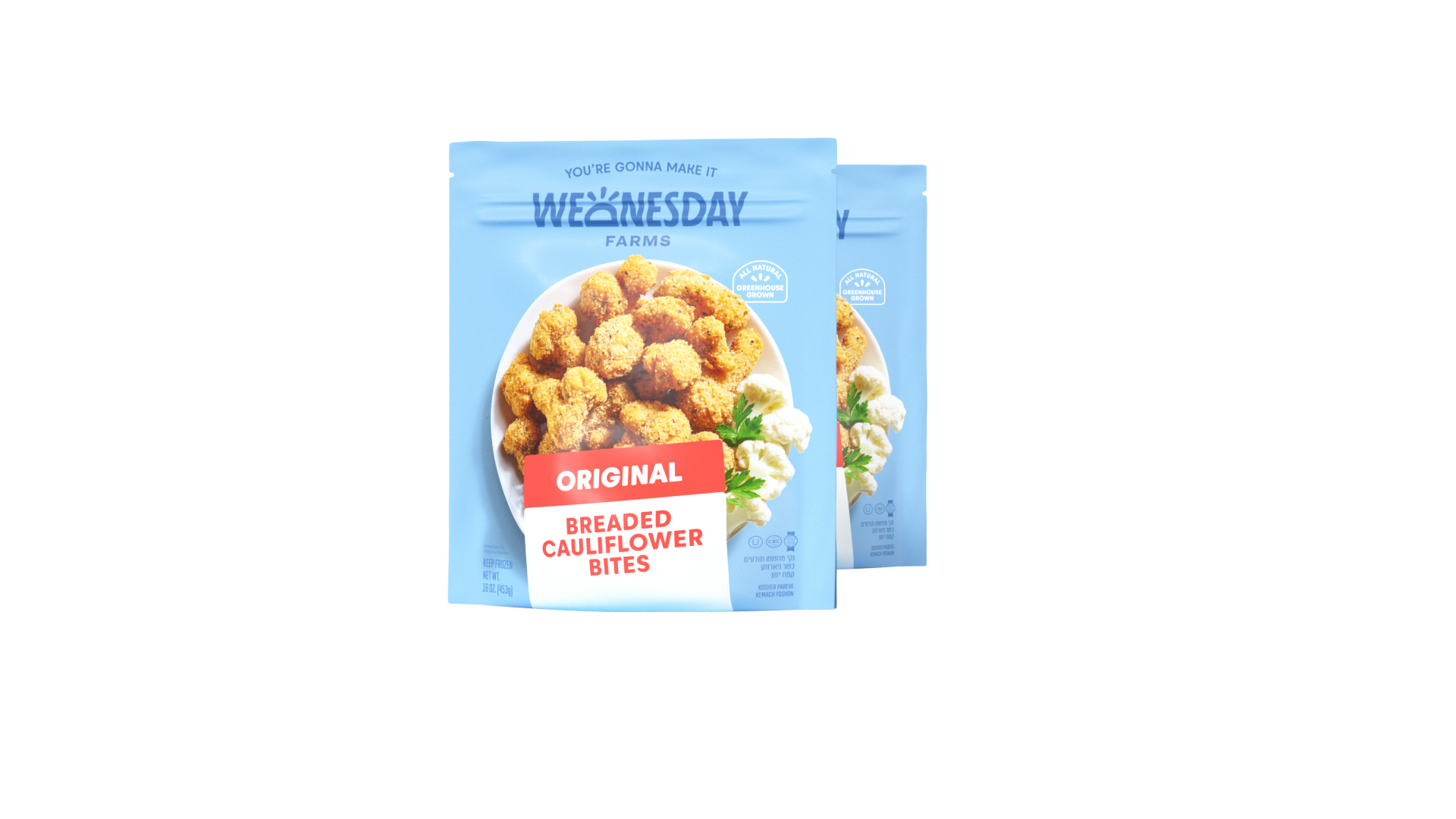 Bag of Wednesday Farms Original Breaded Cauliflower Bites featuring an image of cauliflower bites with parsley and a side of cauliflower on the packaging.