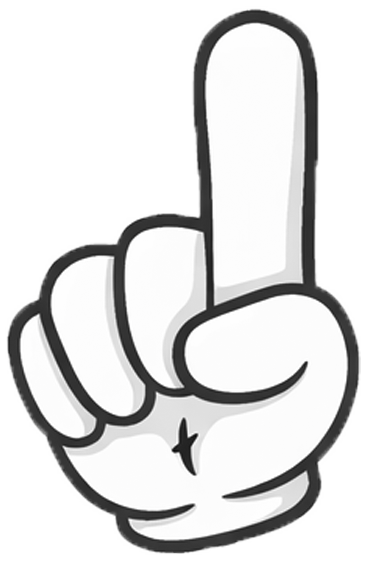 A cartoon illustration of a hand making a gesture with the index finger pointing up, representing the number one.