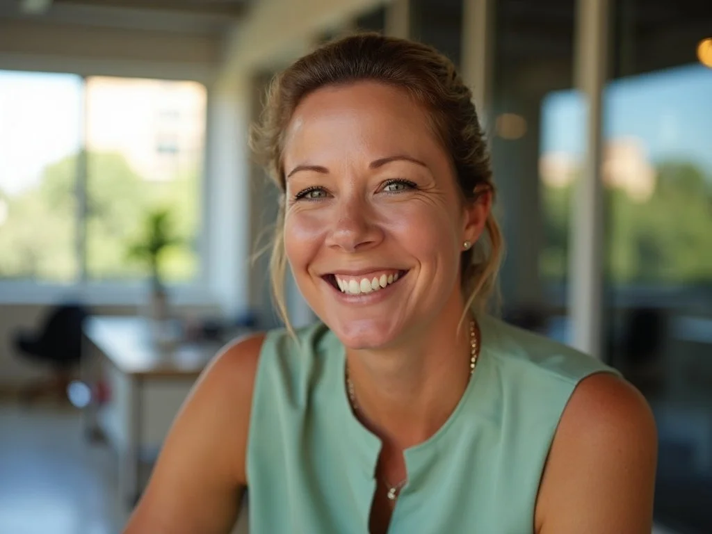 A woman with blonde hair smiling, wearing a sleeveless mint green top, in a bright office or indoor setting with windows and greenery outside.