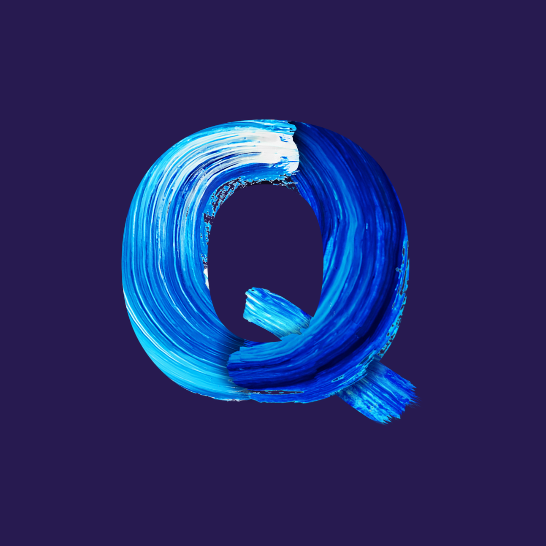 Stylized letter 'Q' painted with blue brushstrokes on a dark background.