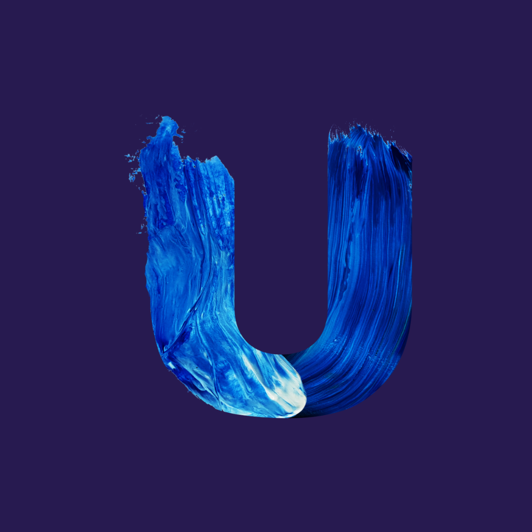 Blue abstract paint stroke forming a U shape on a dark purple background.