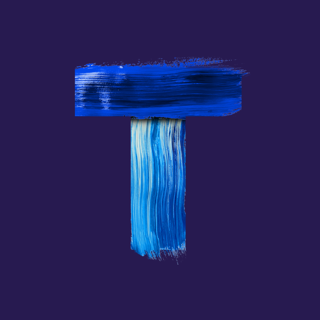 Abstract painting of a blue T shape on a dark background, with textured and brushstroke patterns in various shades of blue.