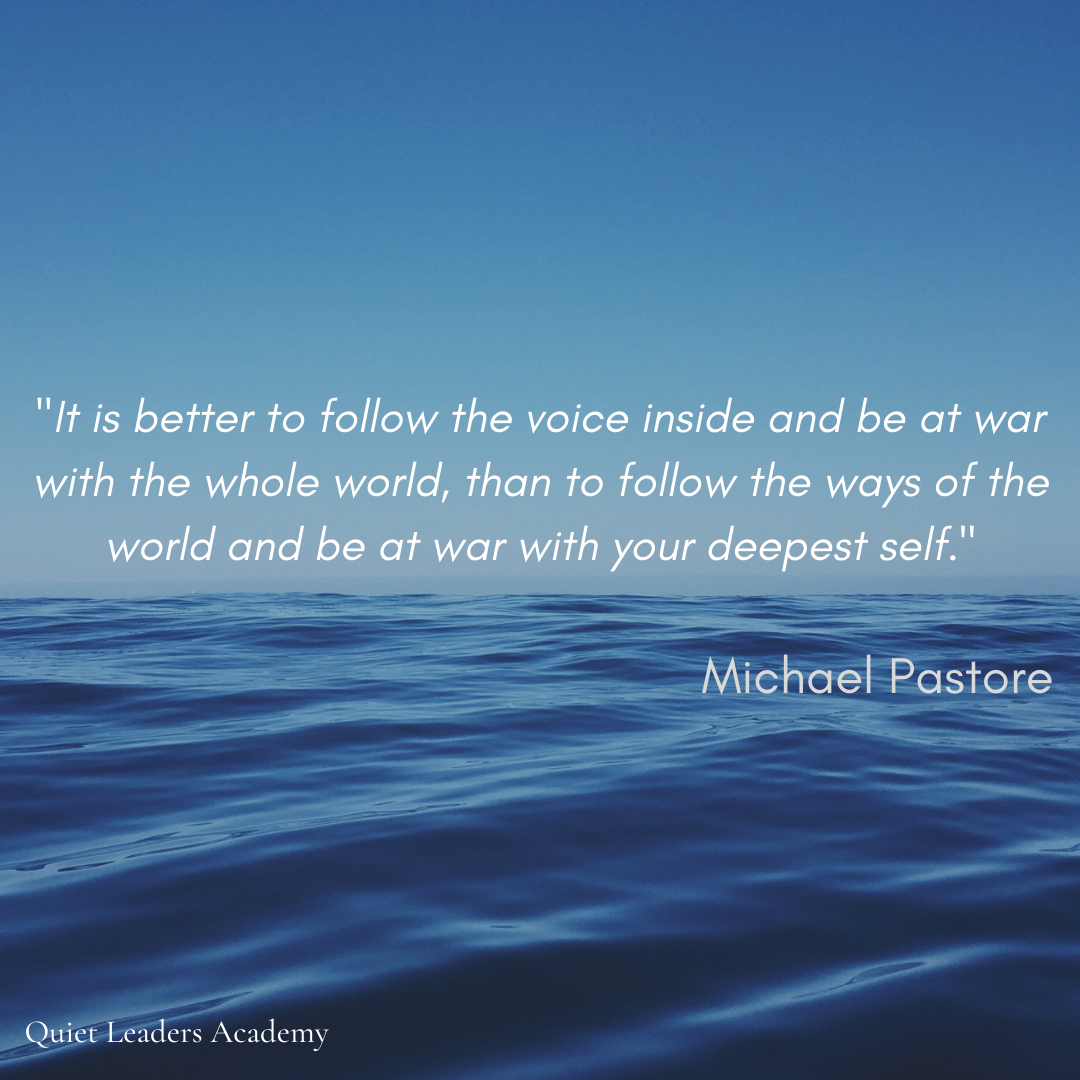 A serene ocean scene with a clear blue sky and calm water, featuring an inspirational quote by Michael Pastore overlaid on the image.
