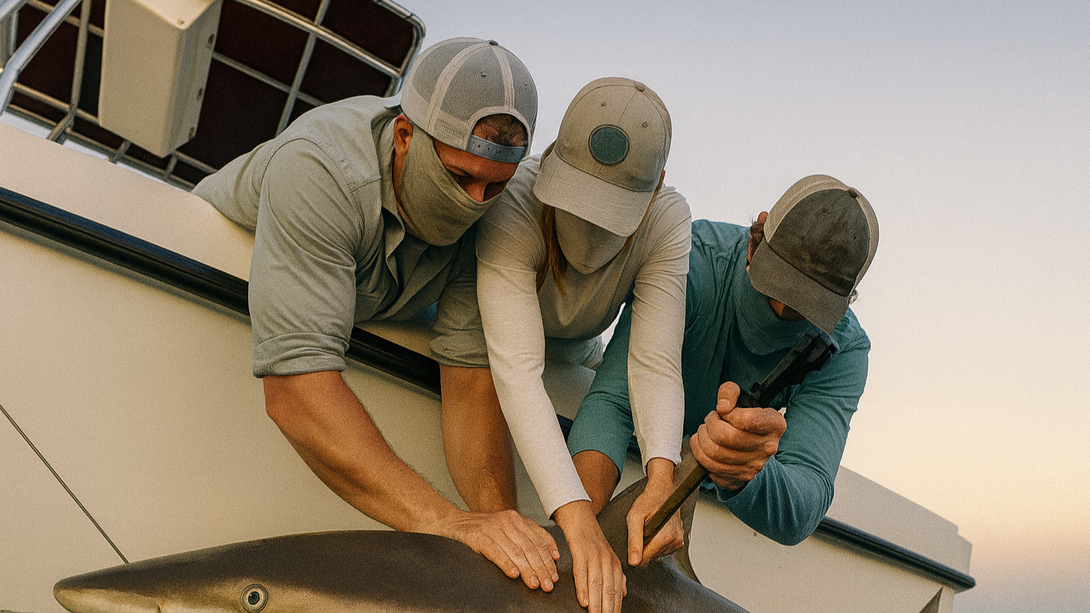 Shark tagging team securing a shark beside the boat during a hands-on research operation.