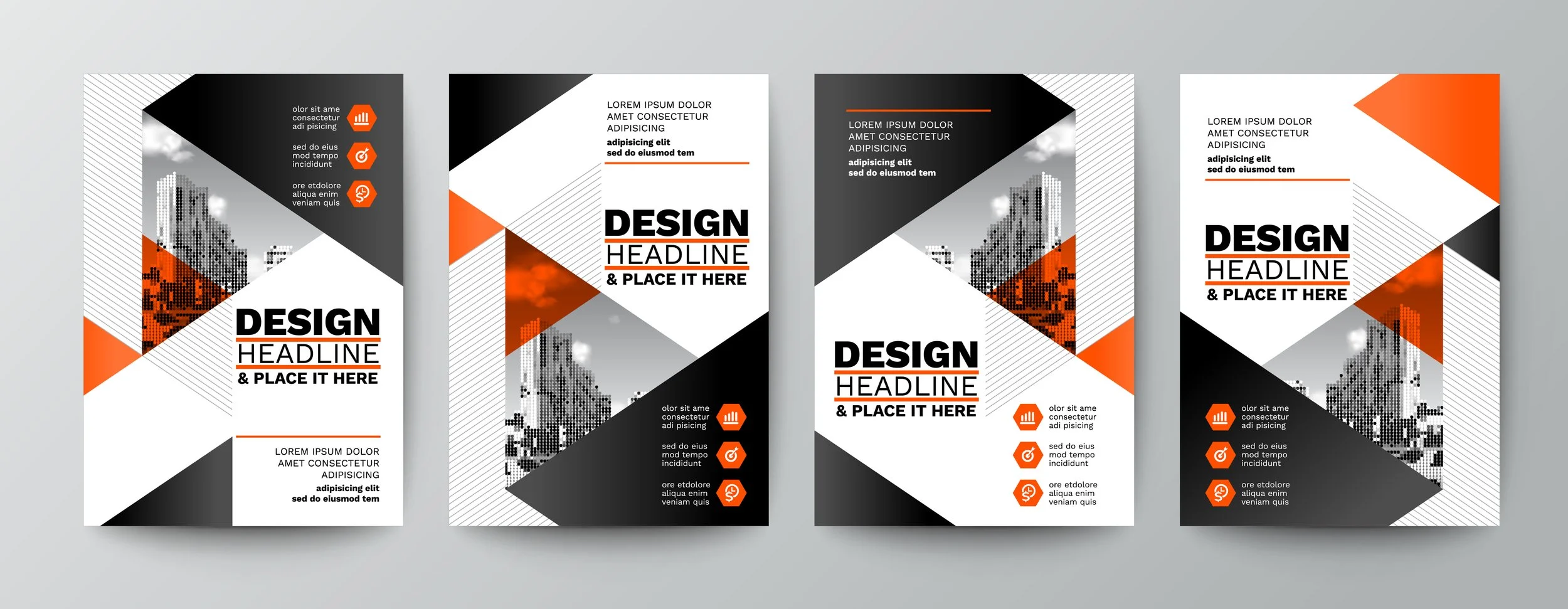 Four brochure designs featuring geometric shapes, cityscape pixel art, and a color scheme of black, white, gray, and orange. Each has placeholders for headlines and text.