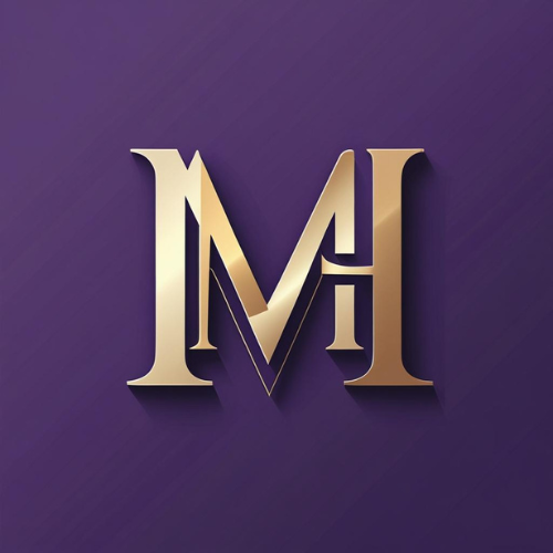 A gold monogram of the letters M and H on a purple background.