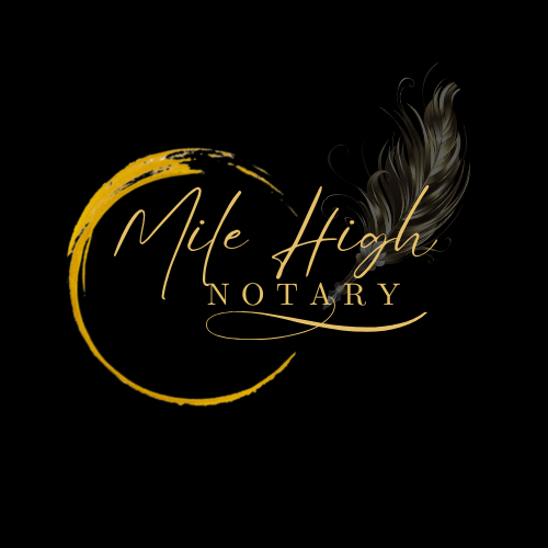 Logo with gold crescent moon, black feather, and elegant gold text reading "Mile High NOTARY" on a black background.