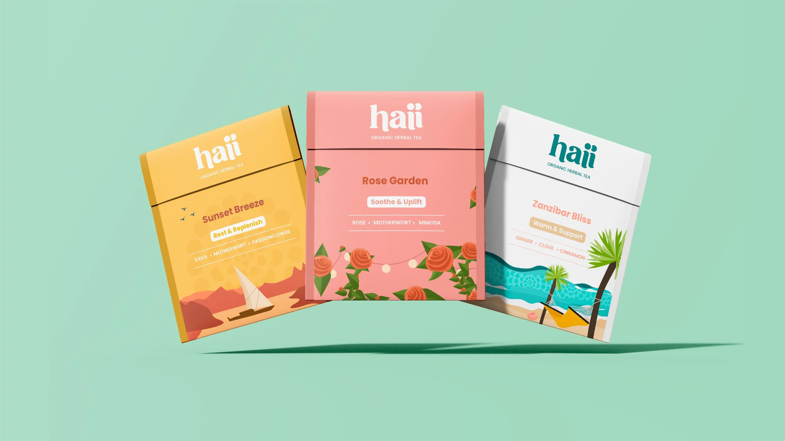 Three boxes of Haii organic herbal tea in sunset breeze, rose garden, and Zanzibar bliss flavors, displayed against a light green background.