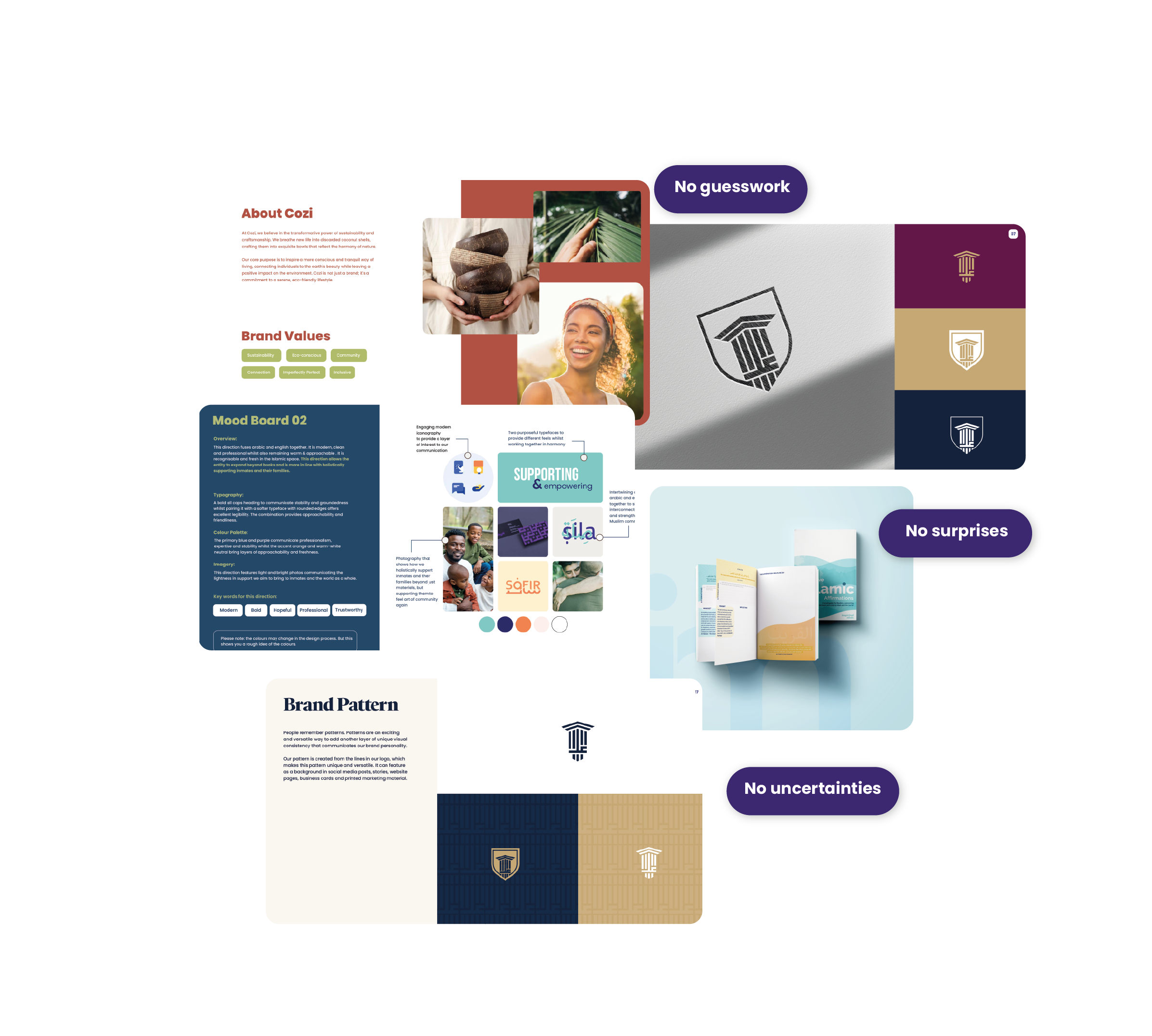 Collage of branding, design, and branding pattern materials for Cozi with images of people, patterns, and guide pages.