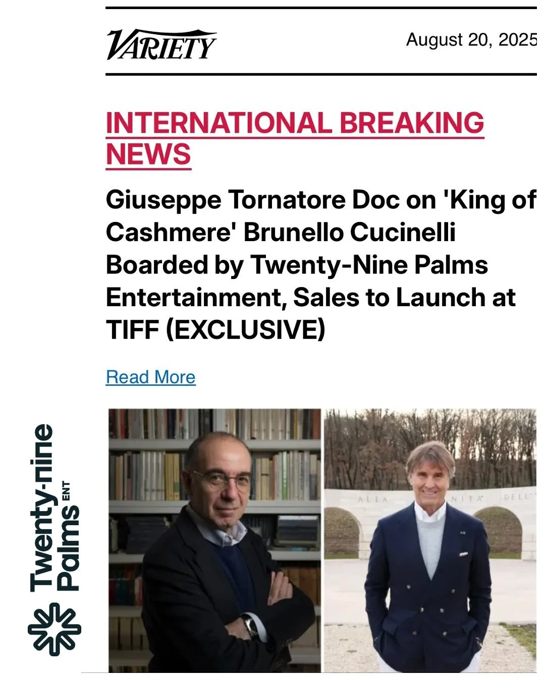 Big news! Giuseppe Tornatore brings his cinematic genius to a new project, pairing with Piovani for a story of positivity and impact. Twenty-Nine Palms Entertainment presents at TIFF - don't miss this chance to partner with us and bring this inspirin