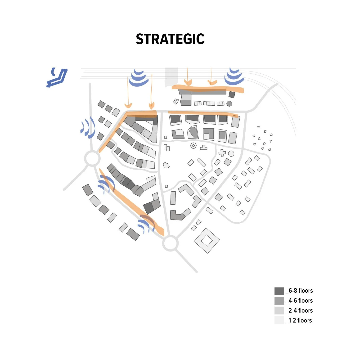 A map of a residential area showing building heights, with streets, roundabouts, and wireless signal icons indicating connectivity points, as well as a strategic plan title at the top.