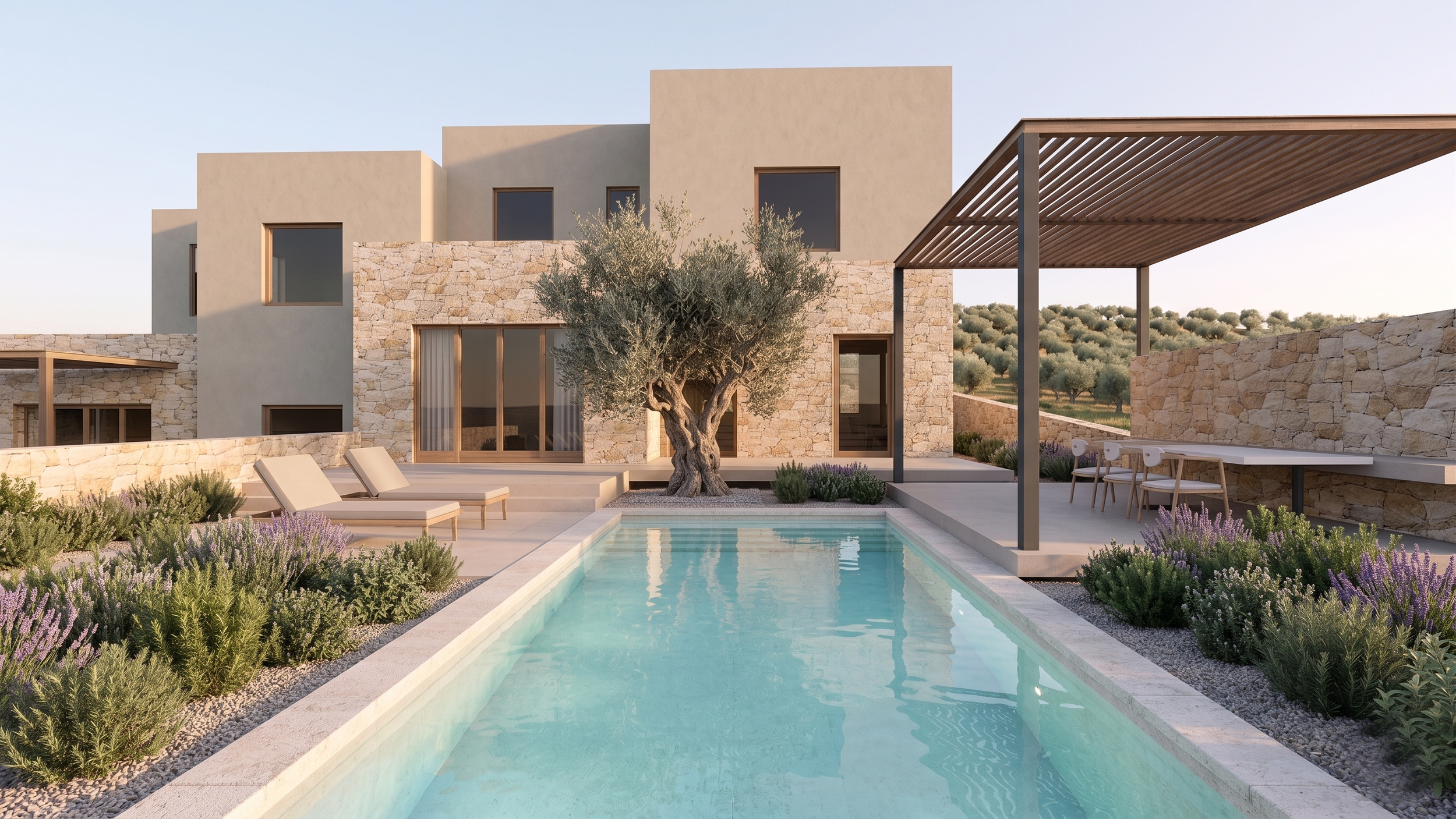 Modern house with stone and stucco facade, outdoor pool, and patio area with lounge chairs and outdoor dining under a wooden pergola, set in a desert landscape with olive trees.