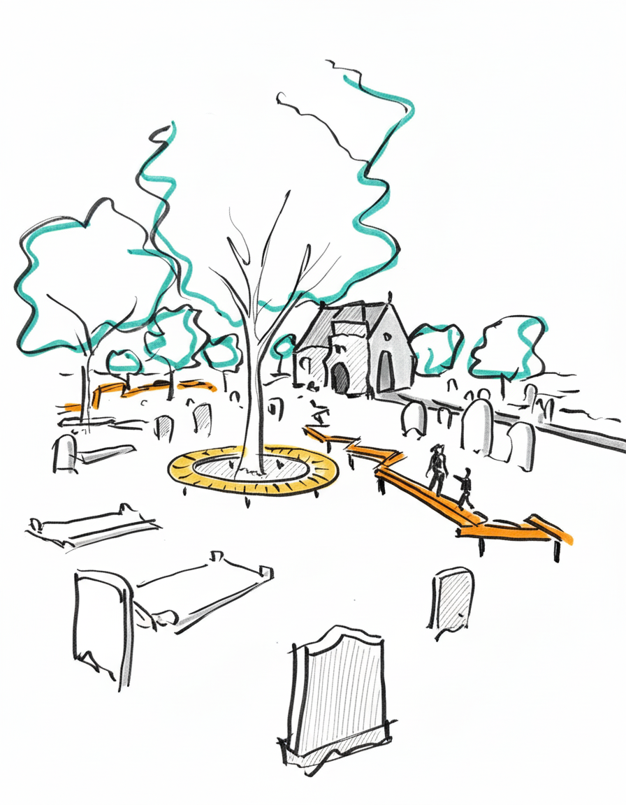 Sketch of a cemetery scene with gravestones, a large tree in the center, and a small chapel in the background. A pathway with two people walking is in the foreground.