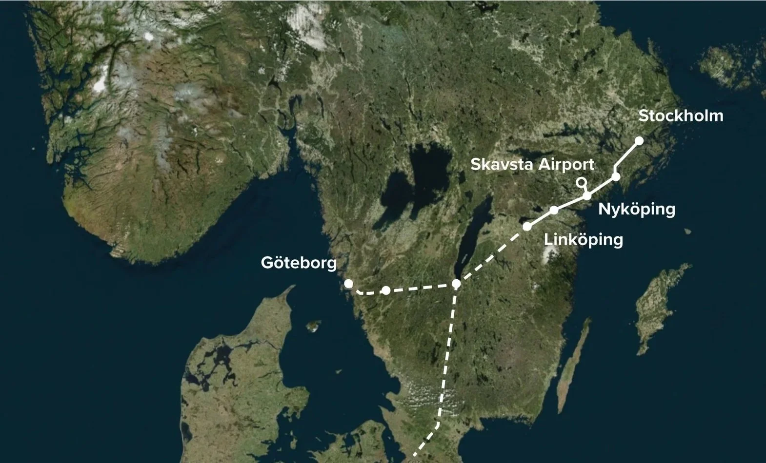 Map showing a route in Sweden from Göteborg to Stockholm, passing through Nyköping, Linköping, Skavsta Airport, with a dotted line marking the travel path.