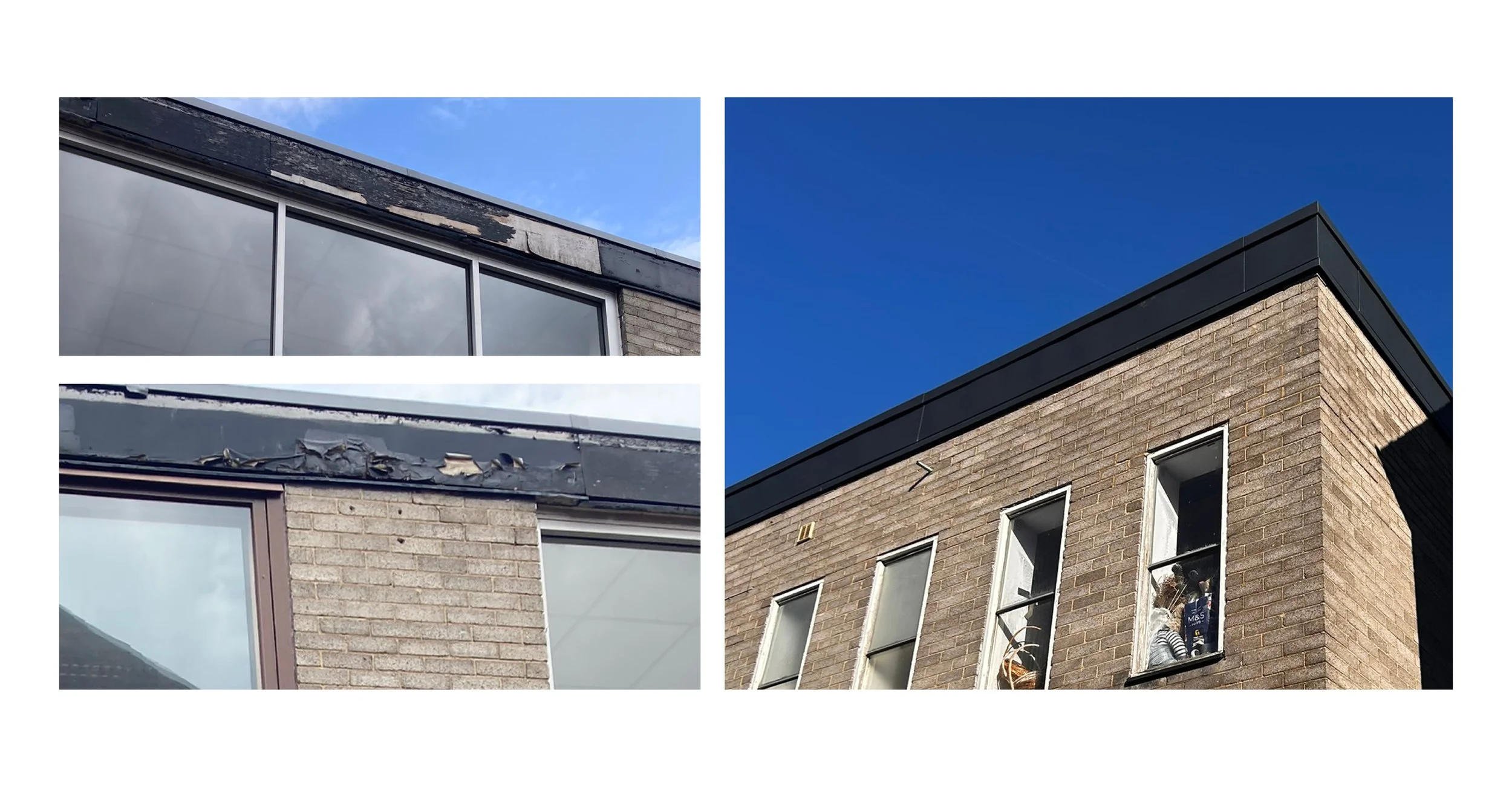 Comparison of building exteriors before and after repairs: top left shows a damaged roof with peeling paint and cracked surfaces, bottom left shows a similar roof in better condition, right side shows a renovated building with a clean brick facade an