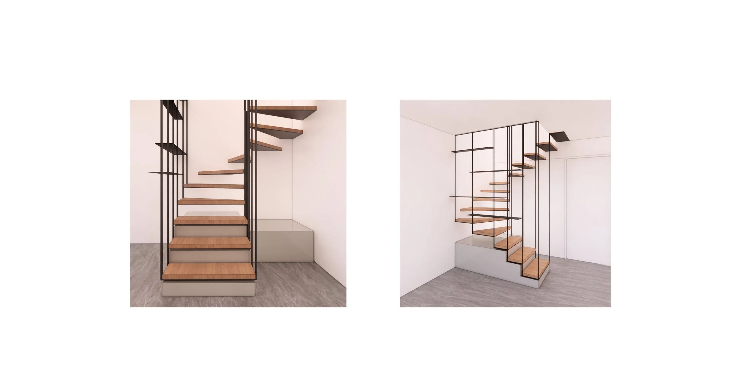 Comparison of two modern staircase designs with wood steps and black metal railings in a minimalist interior.