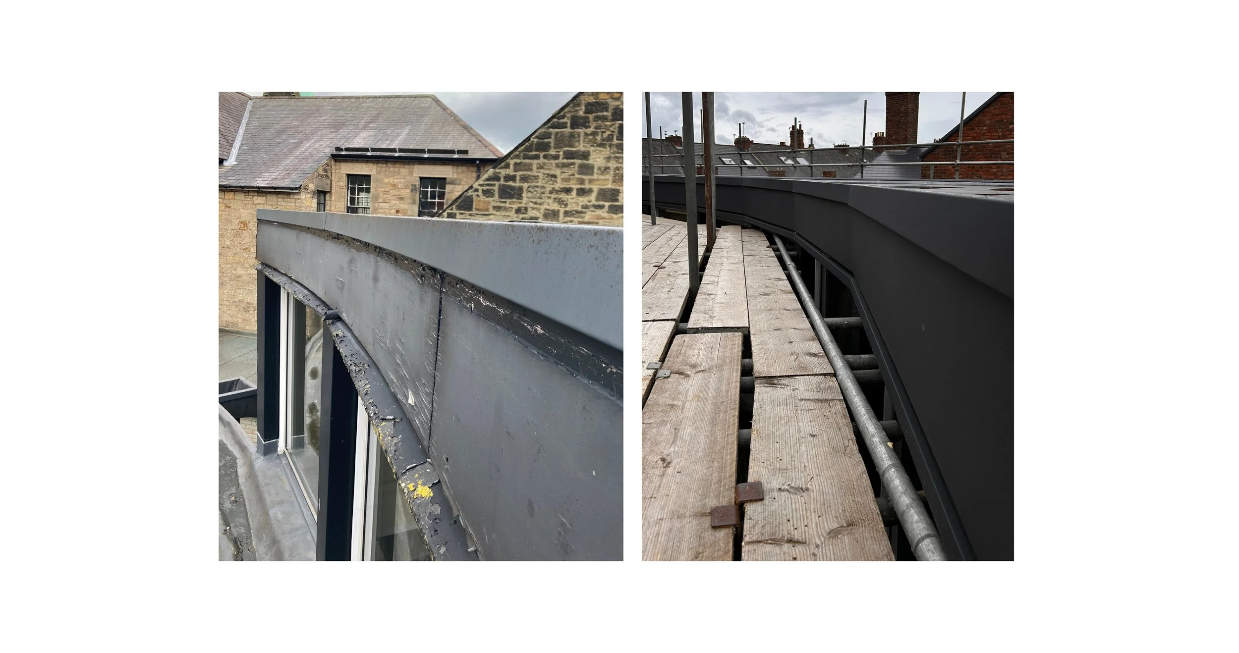 Side-by-side photos of building roofscapes under construction or renovation. The left shows a close-up of a weathered metal railing with paint chipping near windows. The right features a roof with black flashing and wooden planks, with scaffolding an