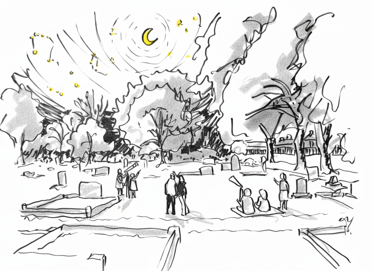 Line drawing of a park or graveyard with families and individuals walking or sitting among trees and graves, under a moonlit sky.