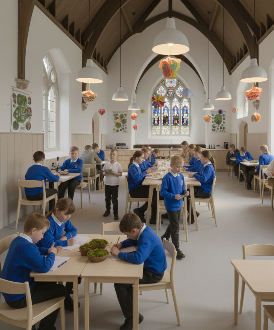 A classroom filled with young students in blue uniforms sitting at tables, some writing, some standing and reading, inside a bright, spacious room with large windows, a stained glass window, colorful hanging decorations, and educational posters on th