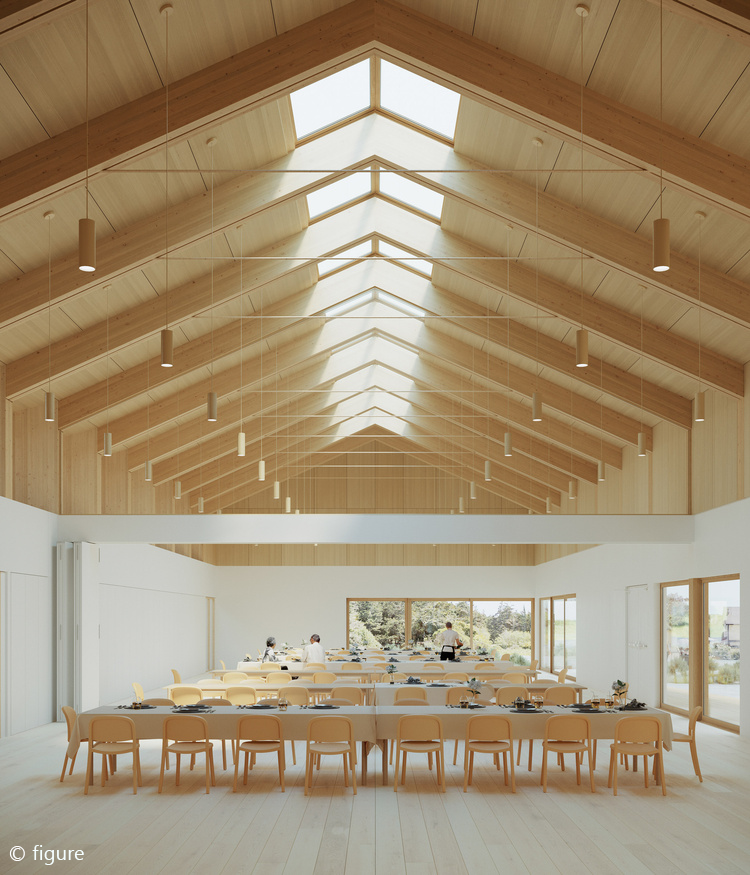 A spacious dining area with light wood furnishings, large windows, and a vaulted ceiling with skylights. There are tables and chairs arranged for a meal, with people setting up or serving at the far end.