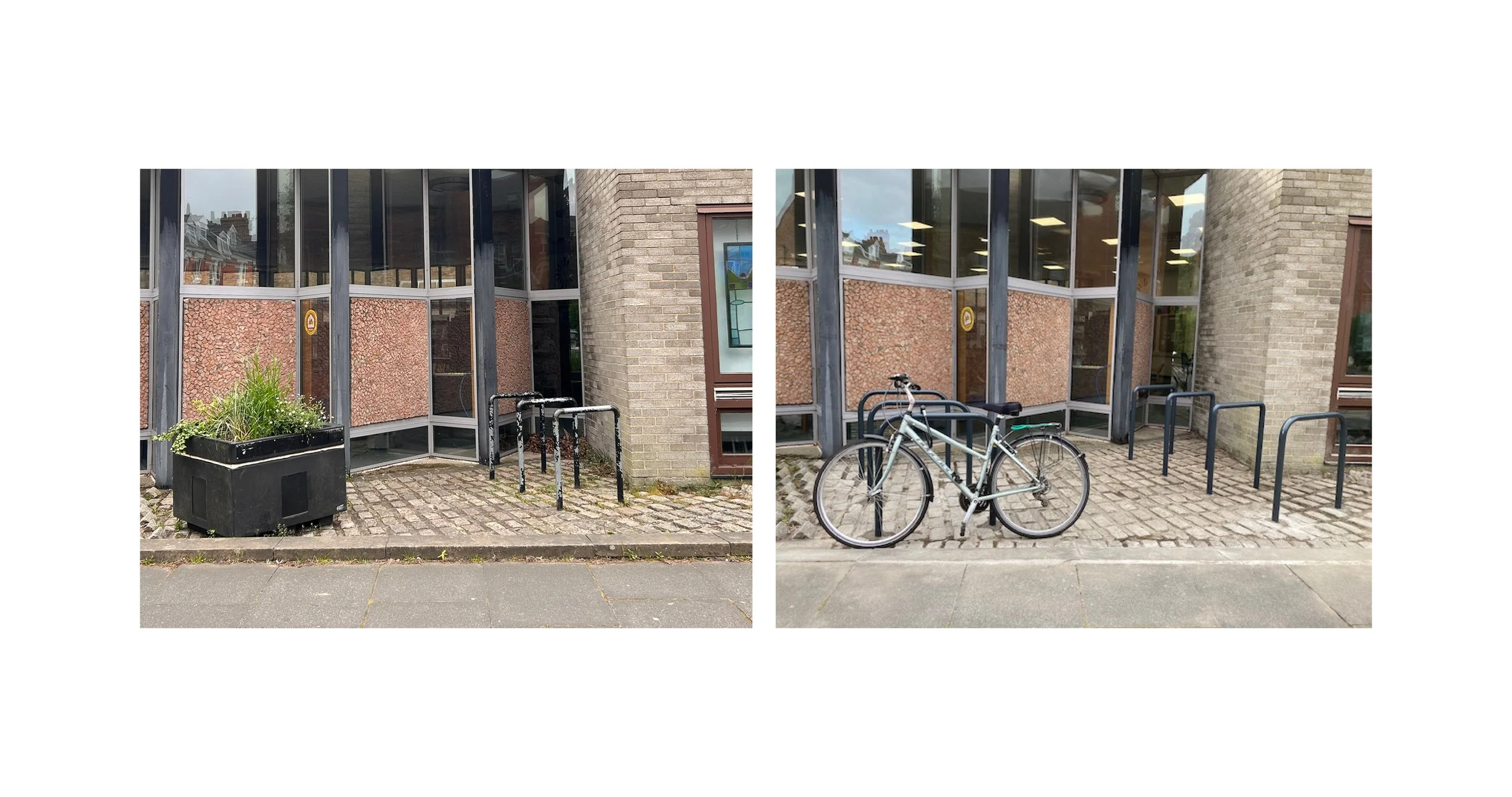 Two side-by-side photos of a building with large windows and a brick wall, showing bike racks and a bicycle parked outside.