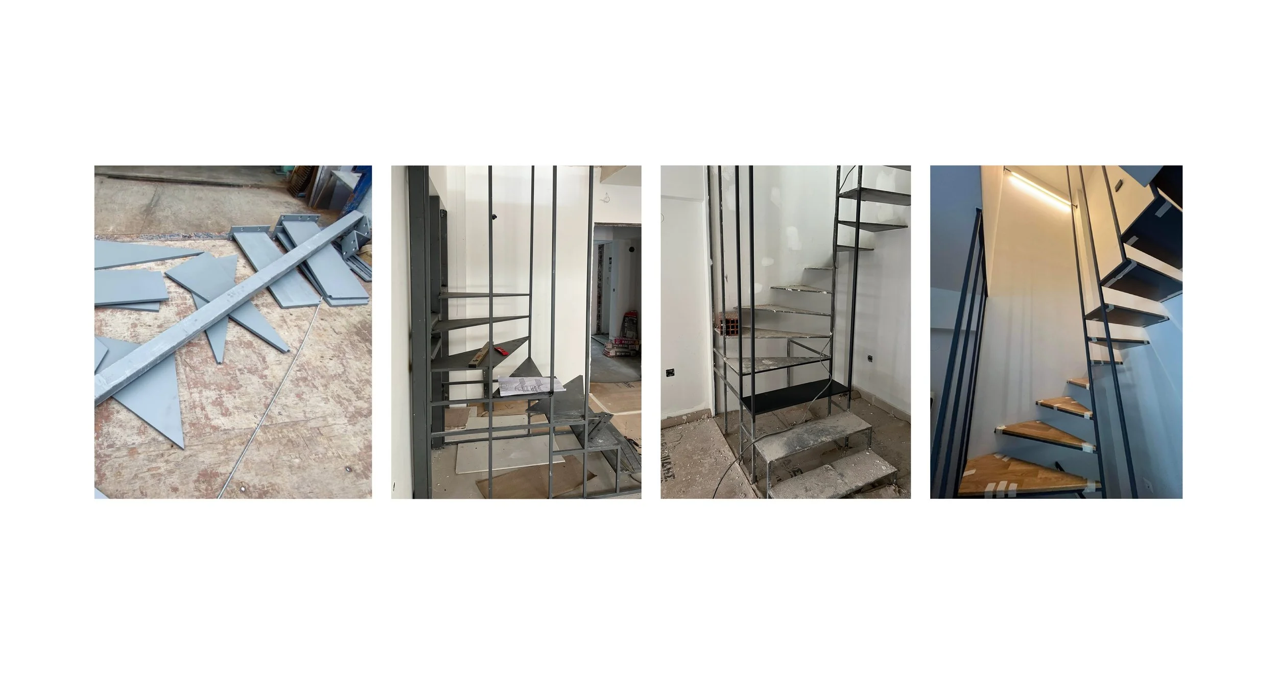 Sequence of four images showing the process of installing a spiral staircase, from disassembled parts to a completed staircase.