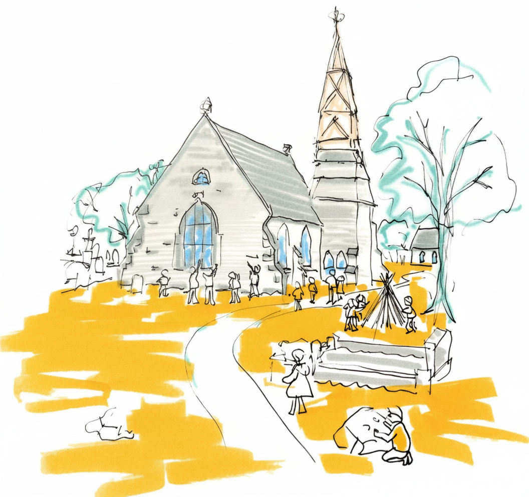 A sketch of a church with a tall steeple and large windows, surrounded by trees, with people walking and sitting on benches in the yard.