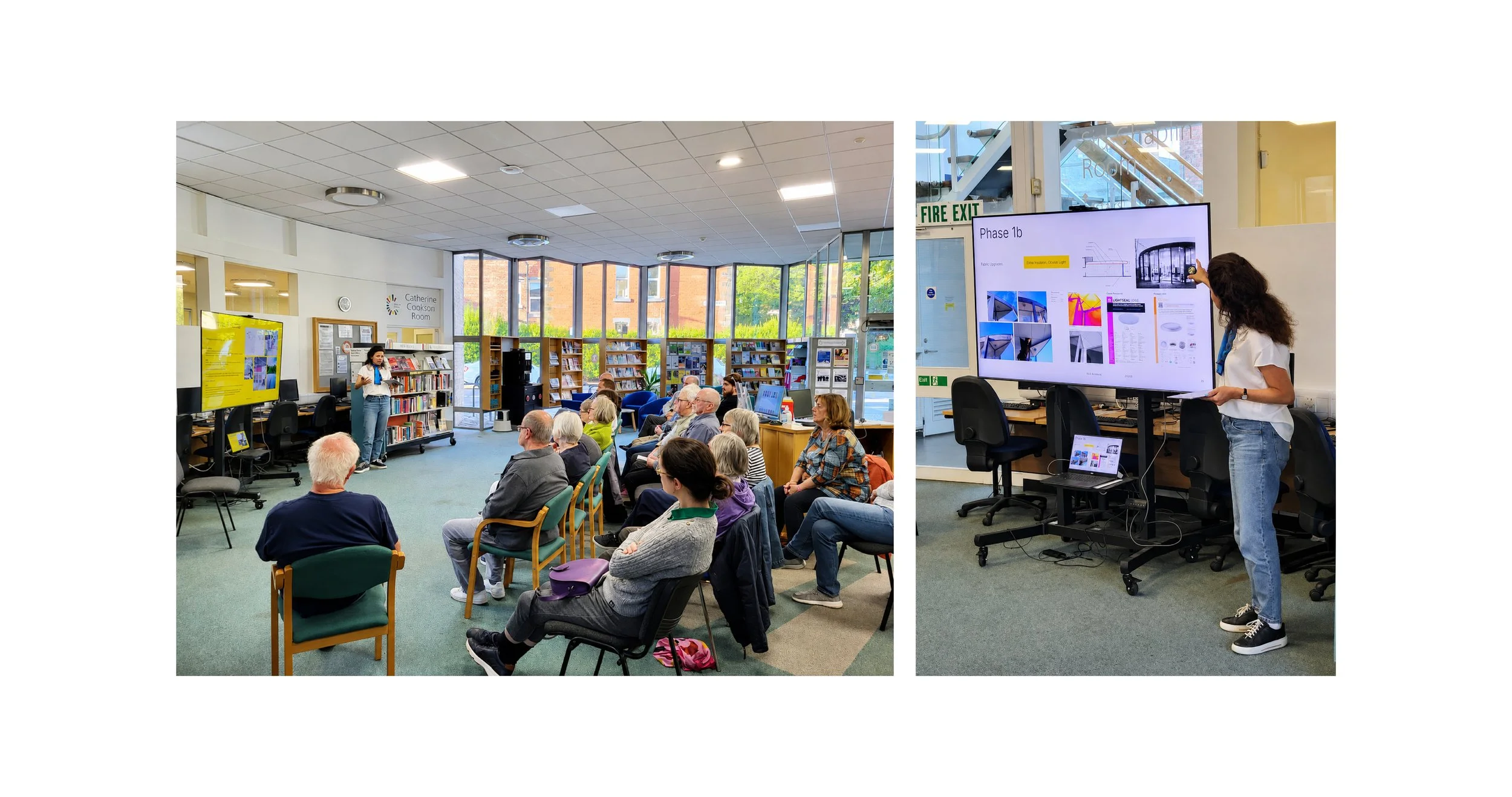A group of people attending a presentation in a library, with a speaker at the front near a large screen displaying a slide, and shelves of books visible in the background.