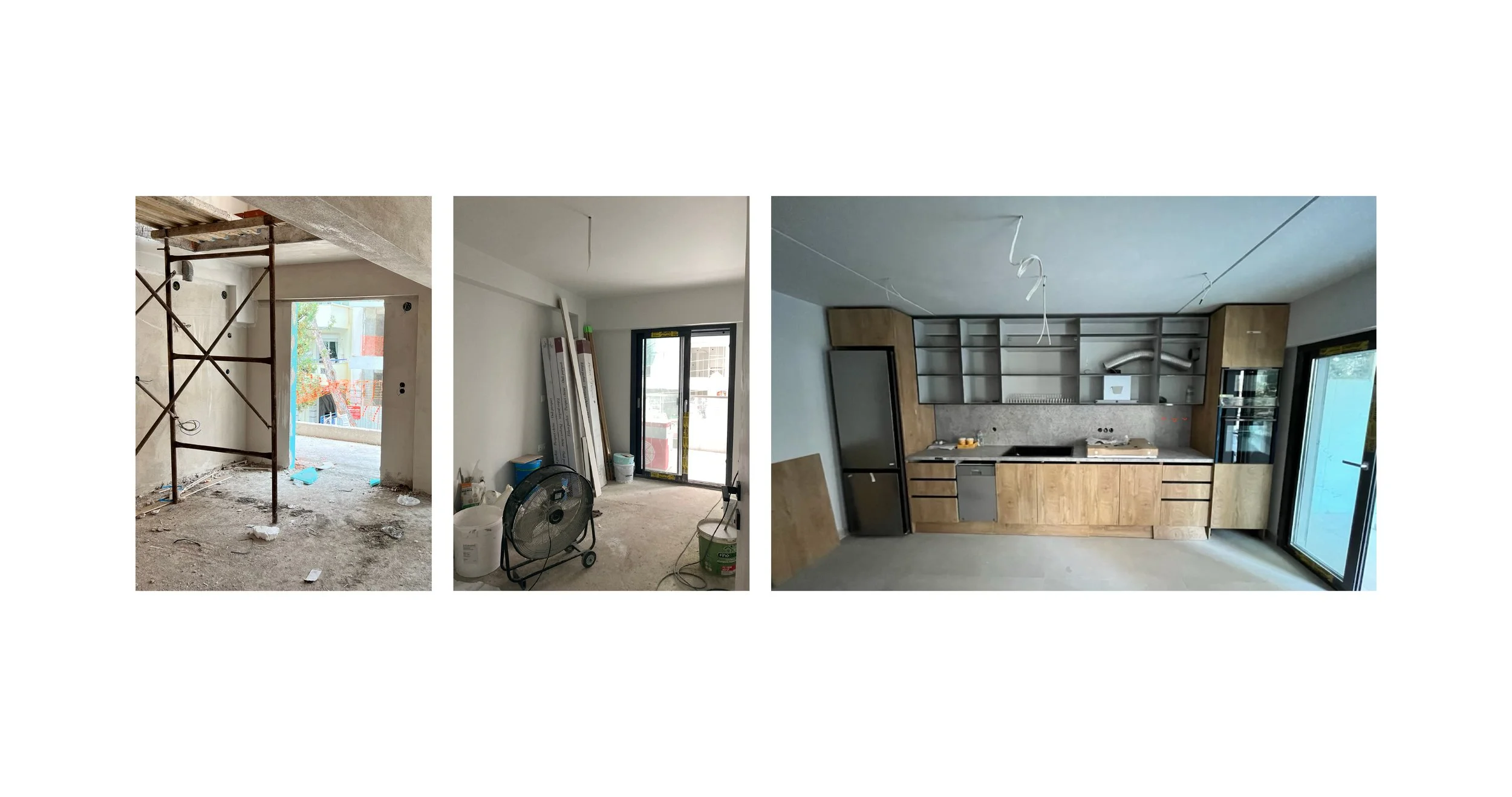 Sequence of images showing the stages of kitchen renovation: construction scaffolding and unfinished walls, ongoing installation with construction tools and materials, and a finished modern kitchen with wooden cabinets and appliances.