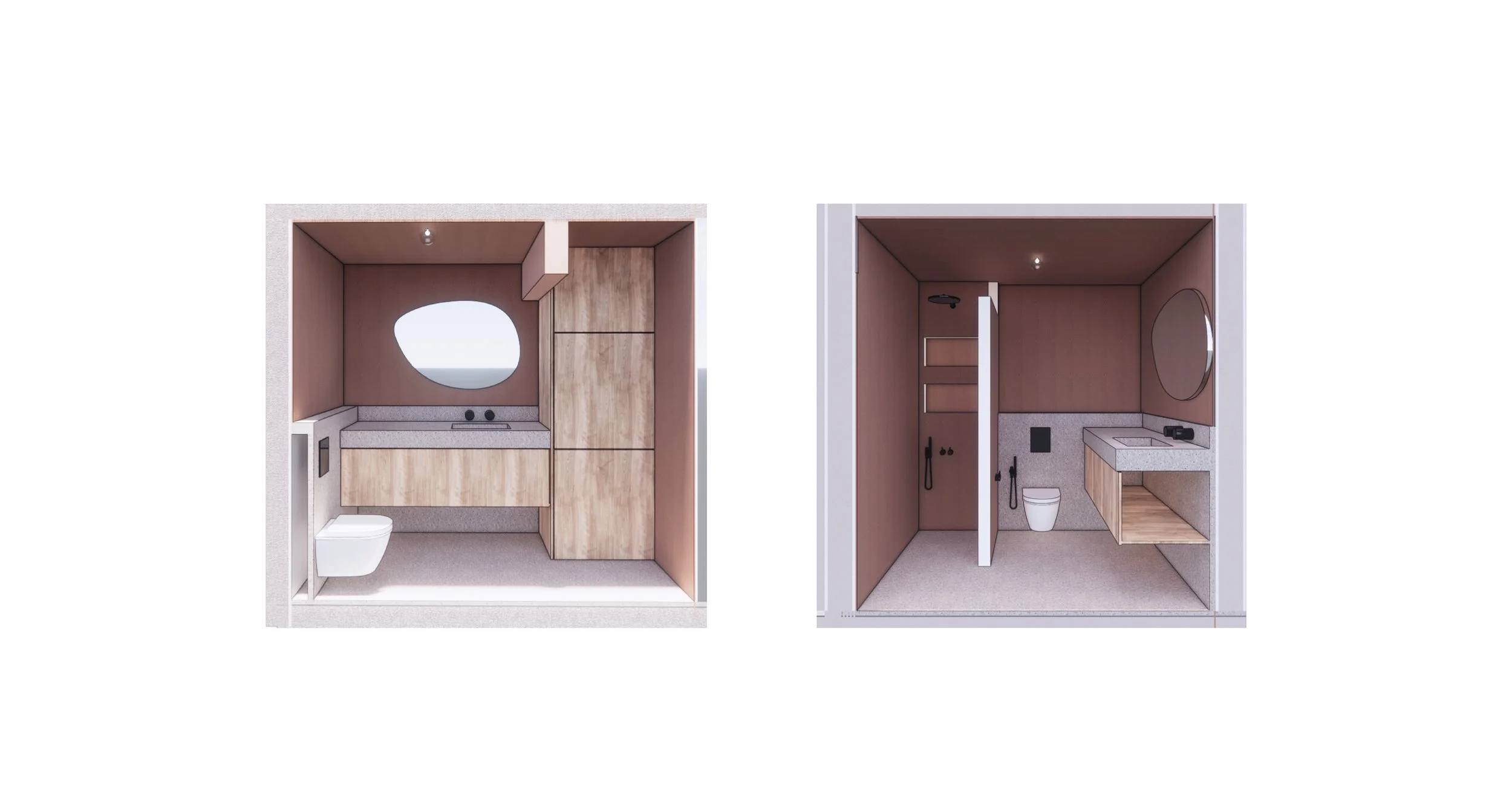 Comparison of two modern compact bathroom designs with wood accents, including a sink, mirror, toilet, and shower area.