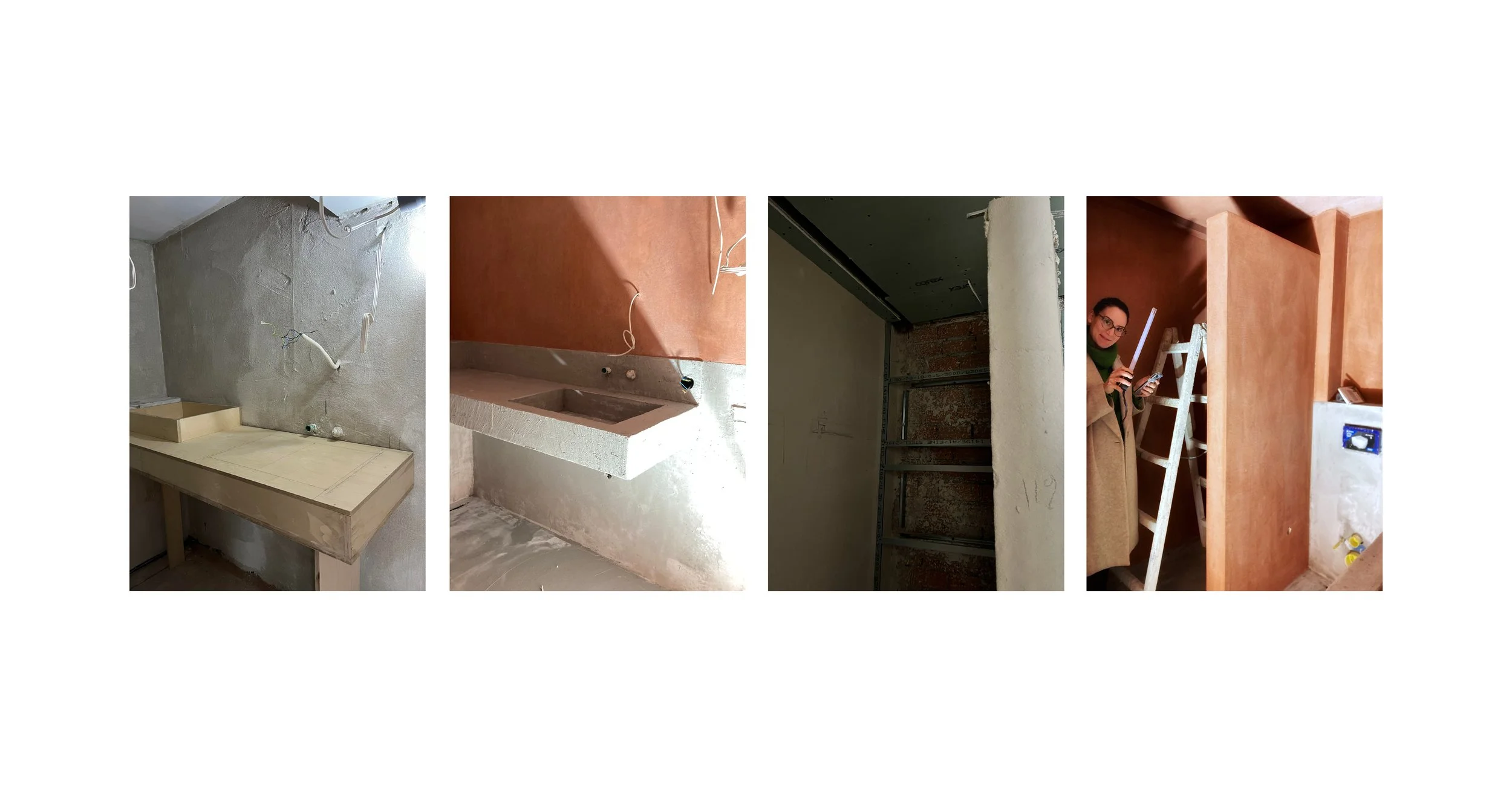 Four images of an indoor construction or renovation site, showing unfinished walls, wiring, a sink, and a worker with a ladder.
