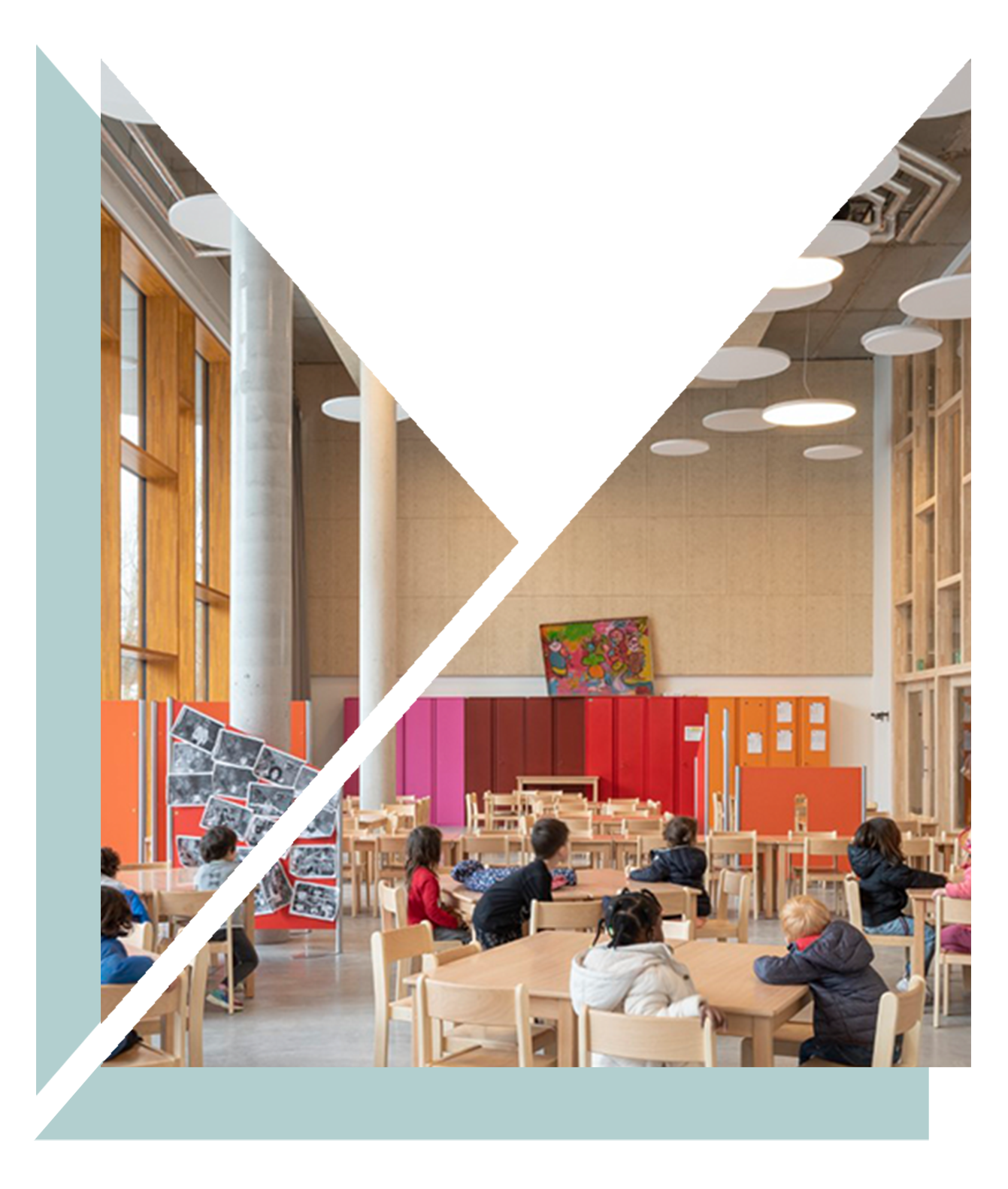 Children in the restaurant of the award-winning Passive House primary school in Brussels, designed by Despoina Papadopoulou while working at B2Ai Architects.