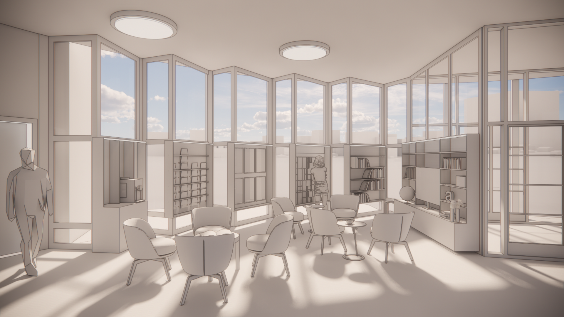 Interior of a modern space with large windows, chairs, bookshelves, and a person reading.