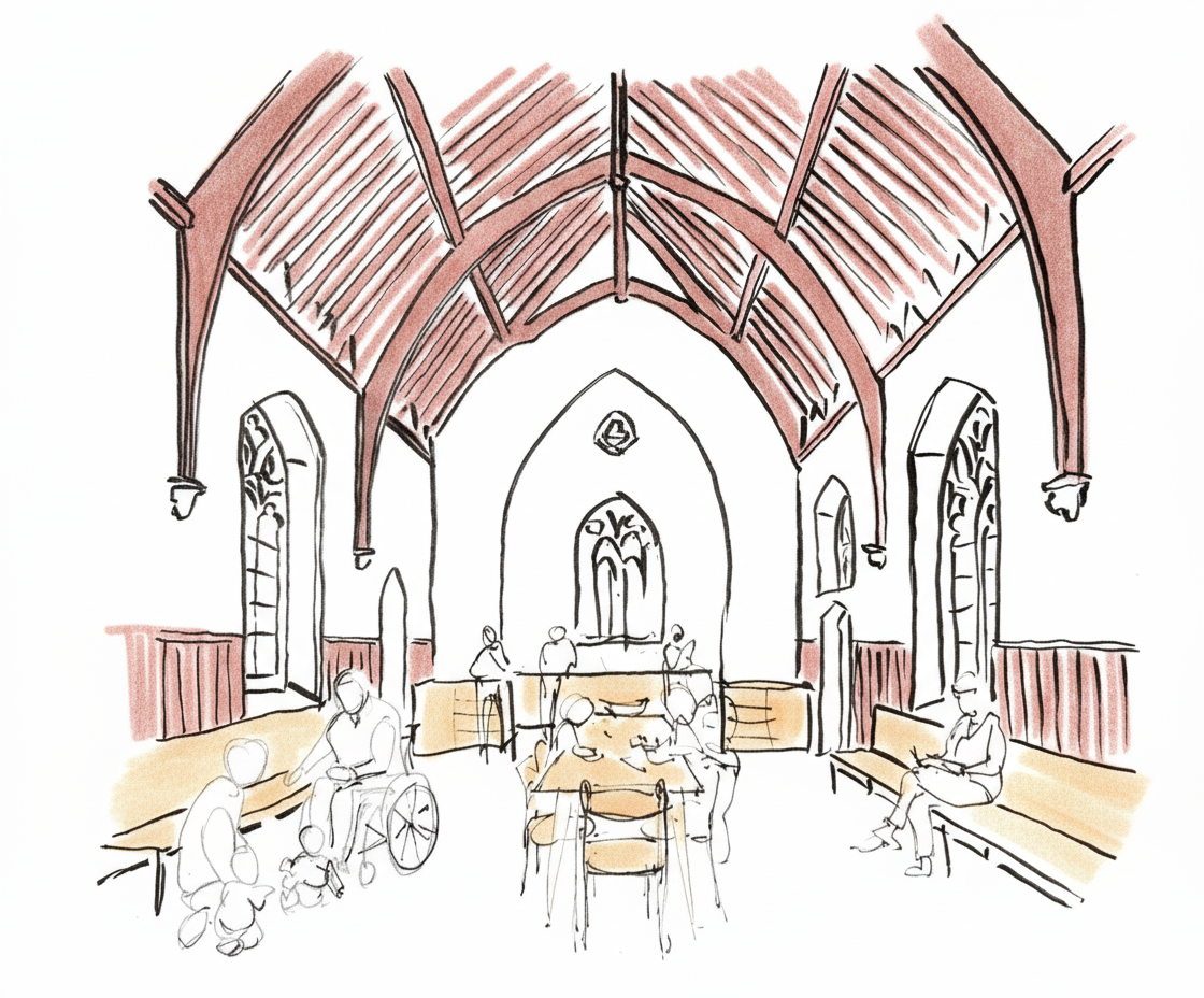 Sketch of the interior of a church with wooden pews, tall stained glass windows, and a wooden ceiling with curved beams; a few people sitting and a couple standing, one with a wheelchair.
