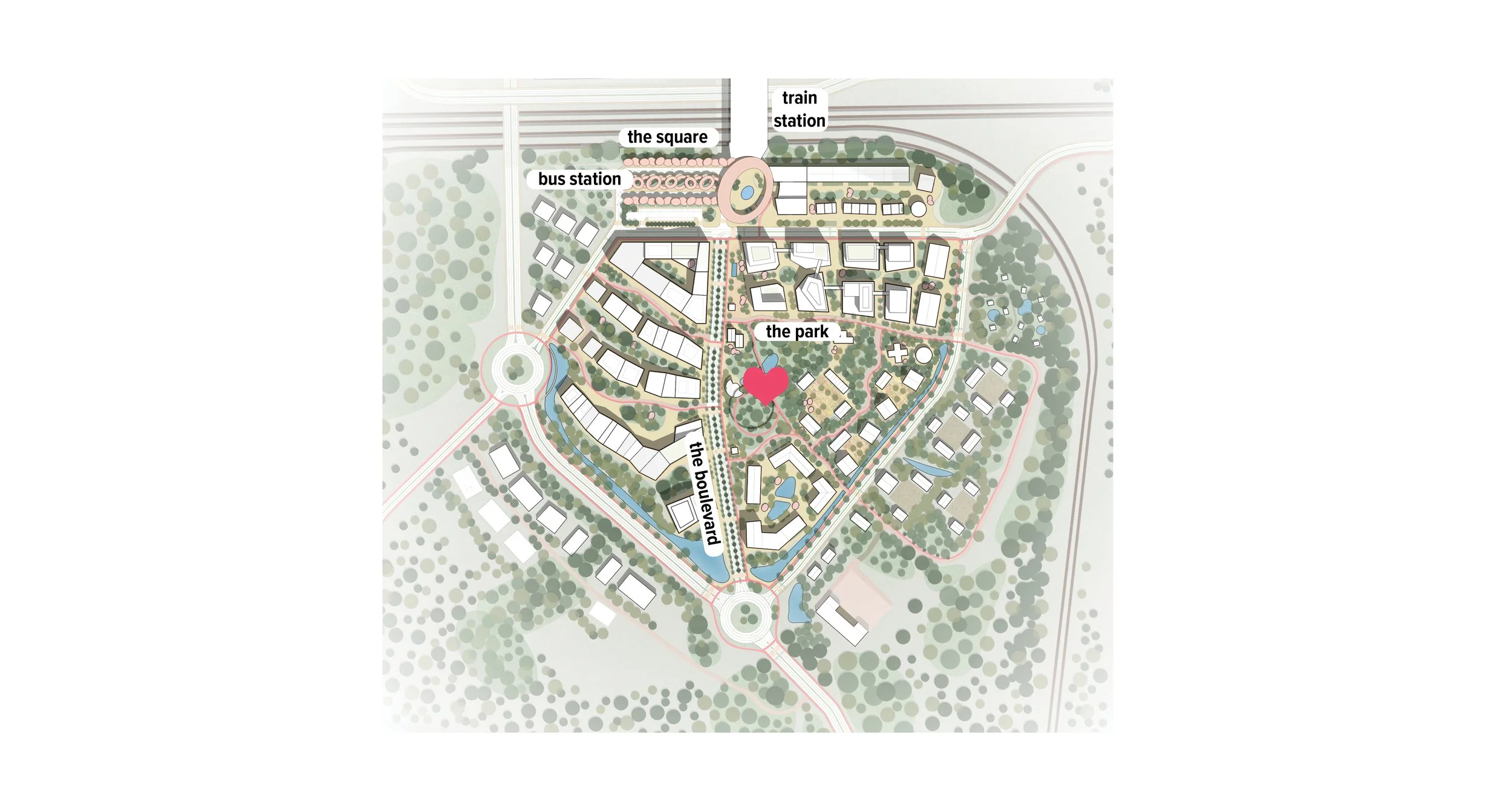 A detailed map of a planned community showing roads, buildings, parks, water features, bus and train stations, and labels for areas like the park, the square, and the boulevard.