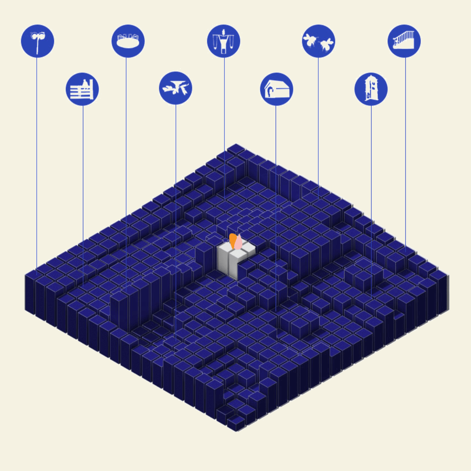 A digital artwork featuring a white cube on a 3D grid of smaller blue cubes. The scene includes icons above, which represent various objects like a microphone, a bathtub, a person doing yoga, birds, a drone, a house, a clock tower, and a staircase, connected to the scene by thin lines.