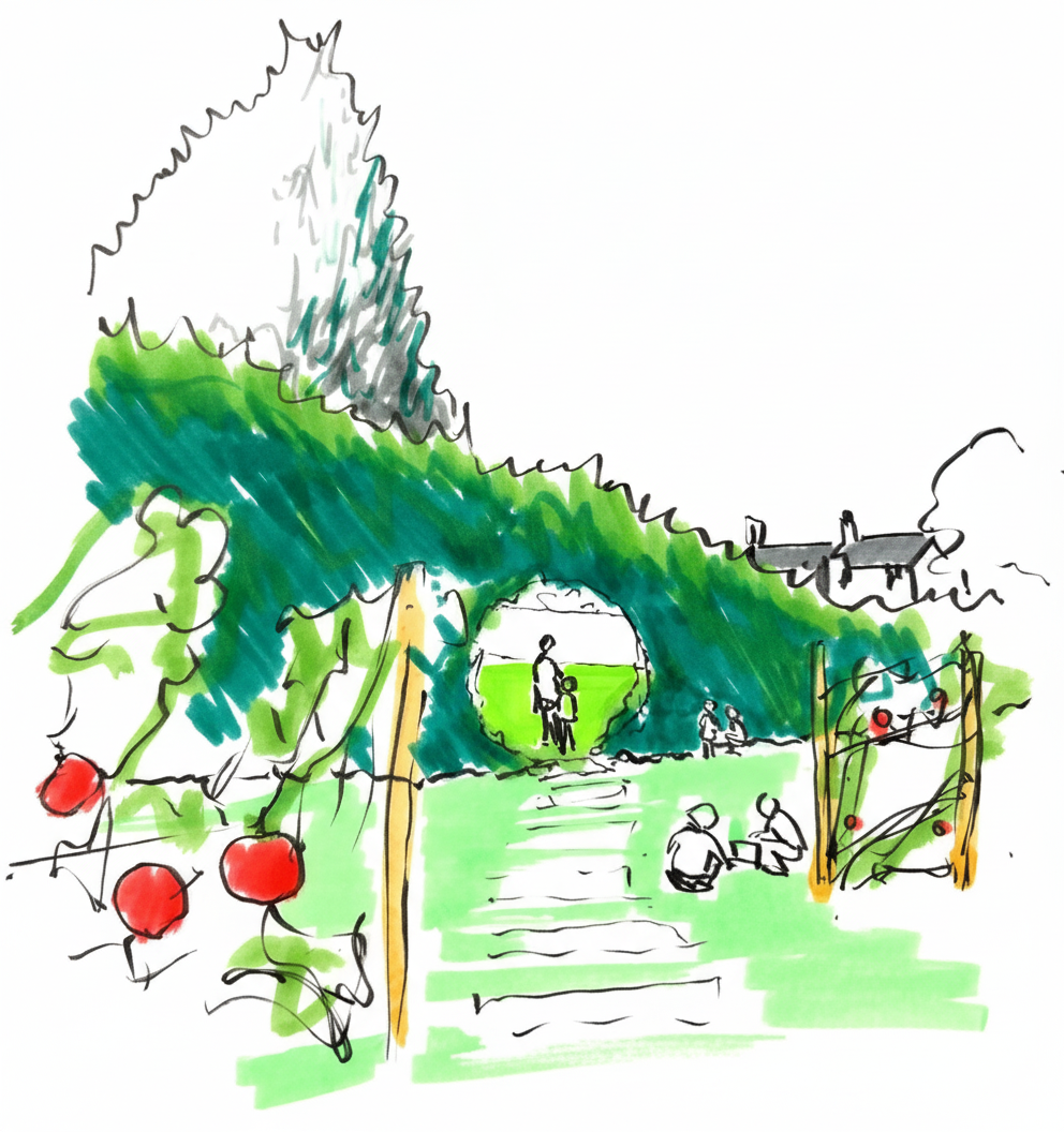 Colorful sketch of a park-like scene with a tunnel made of greenery, children playing on a swing set, and a group of people walking and sitting on the grass.