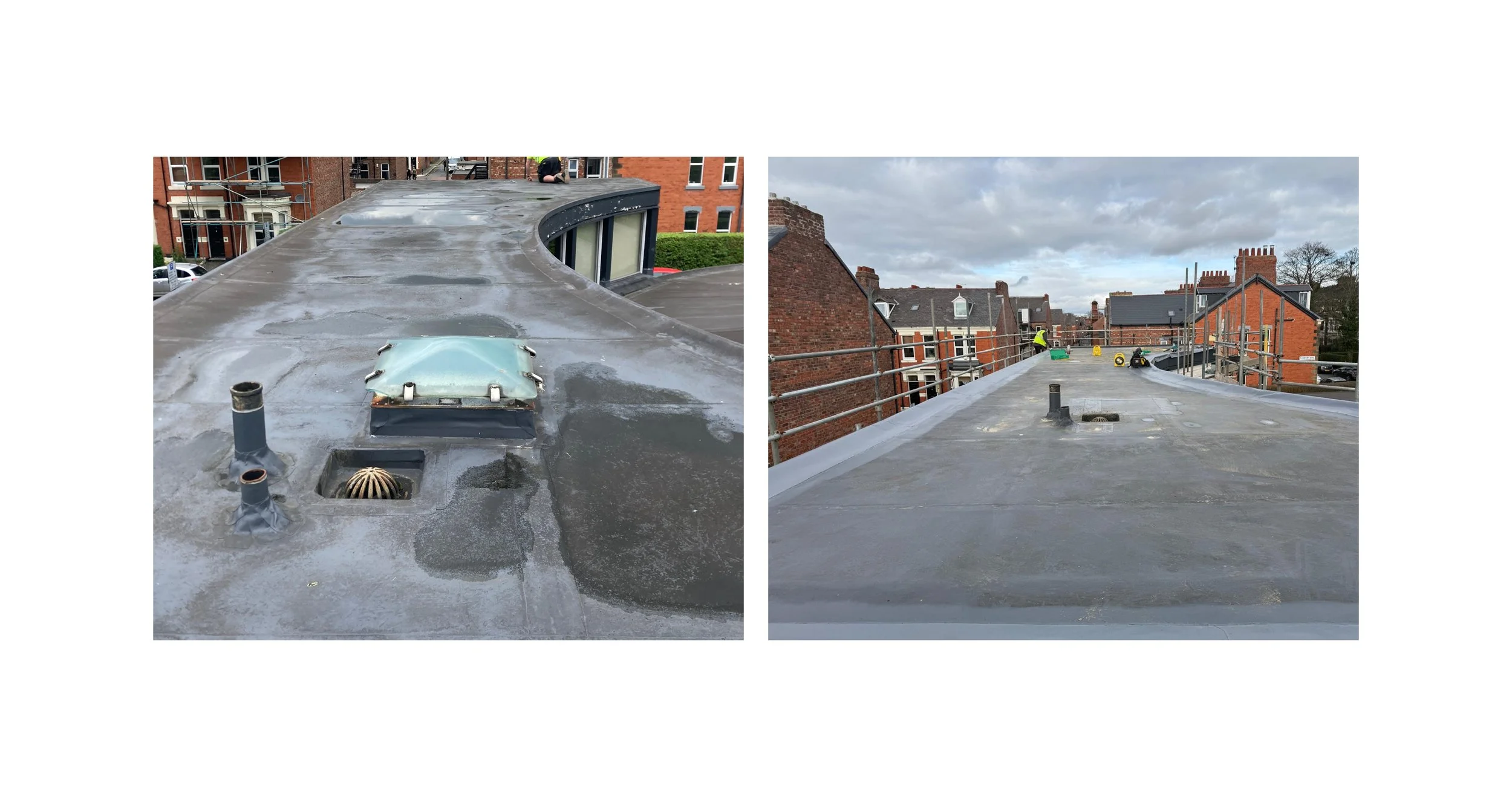 Side-by-side images of a flat rooftop under construction, showing the roofing work in progress with scattered tools and materials, and some surrounding buildings and a cloudy sky in the background.