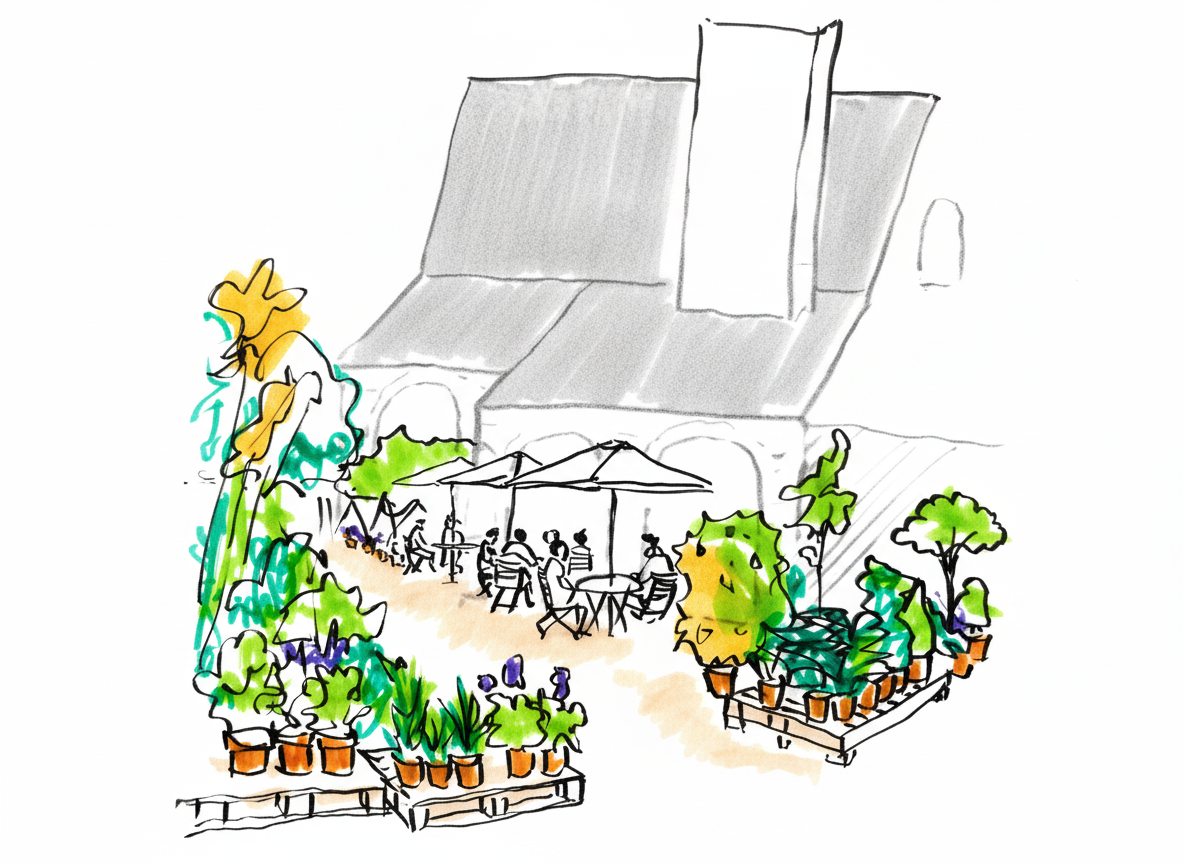 Sketch of an outdoor patio at a restaurant with tables, chairs, umbrellas, and potted plants, with people dining, set against a large building background.