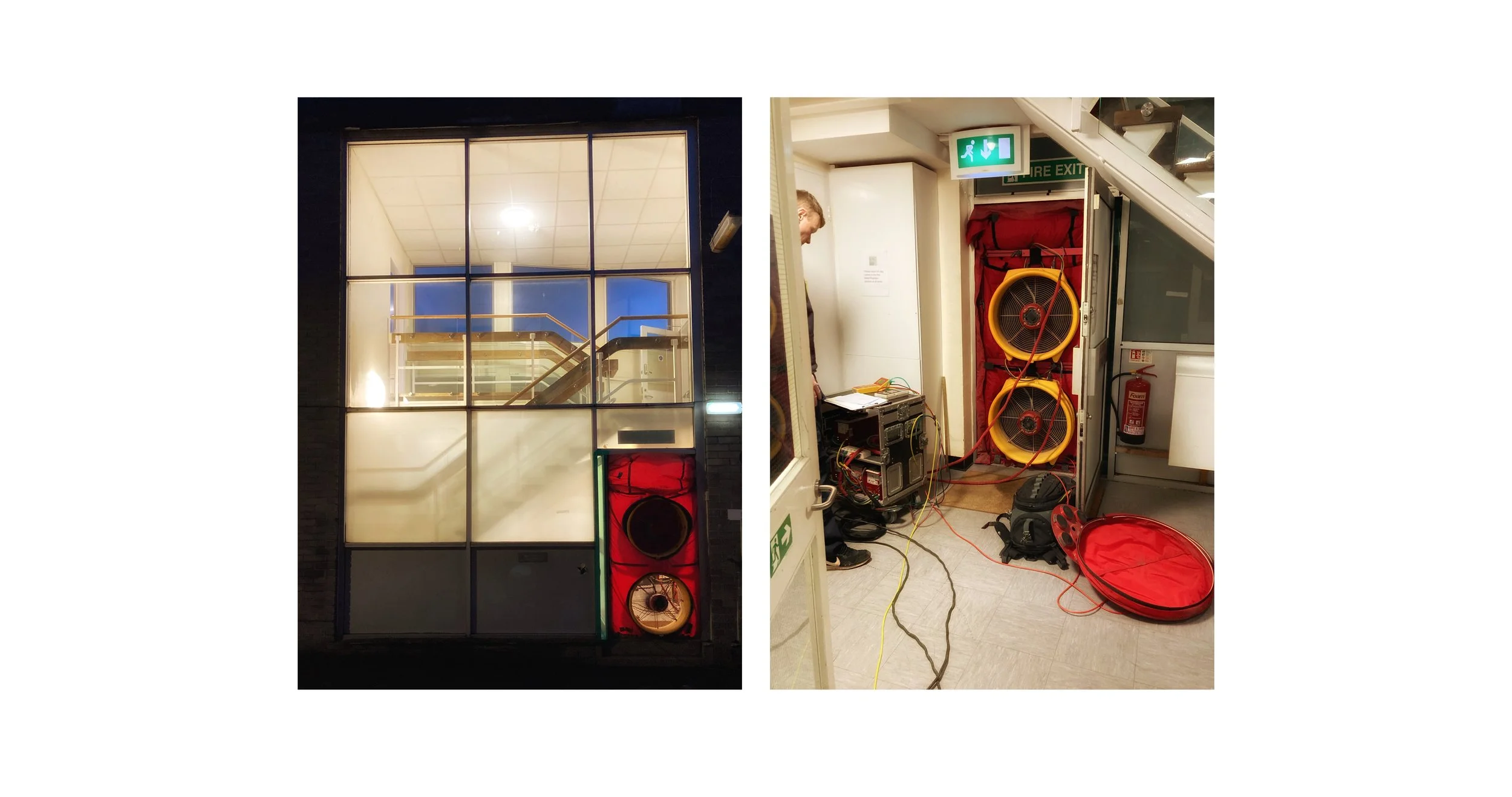 The left side shows a building's illuminated exterior at night with a staircase inside visible through large glass windows. The right side shows a man working on electrical or audio equipment inside a room, with large fans, cables, and tools around h