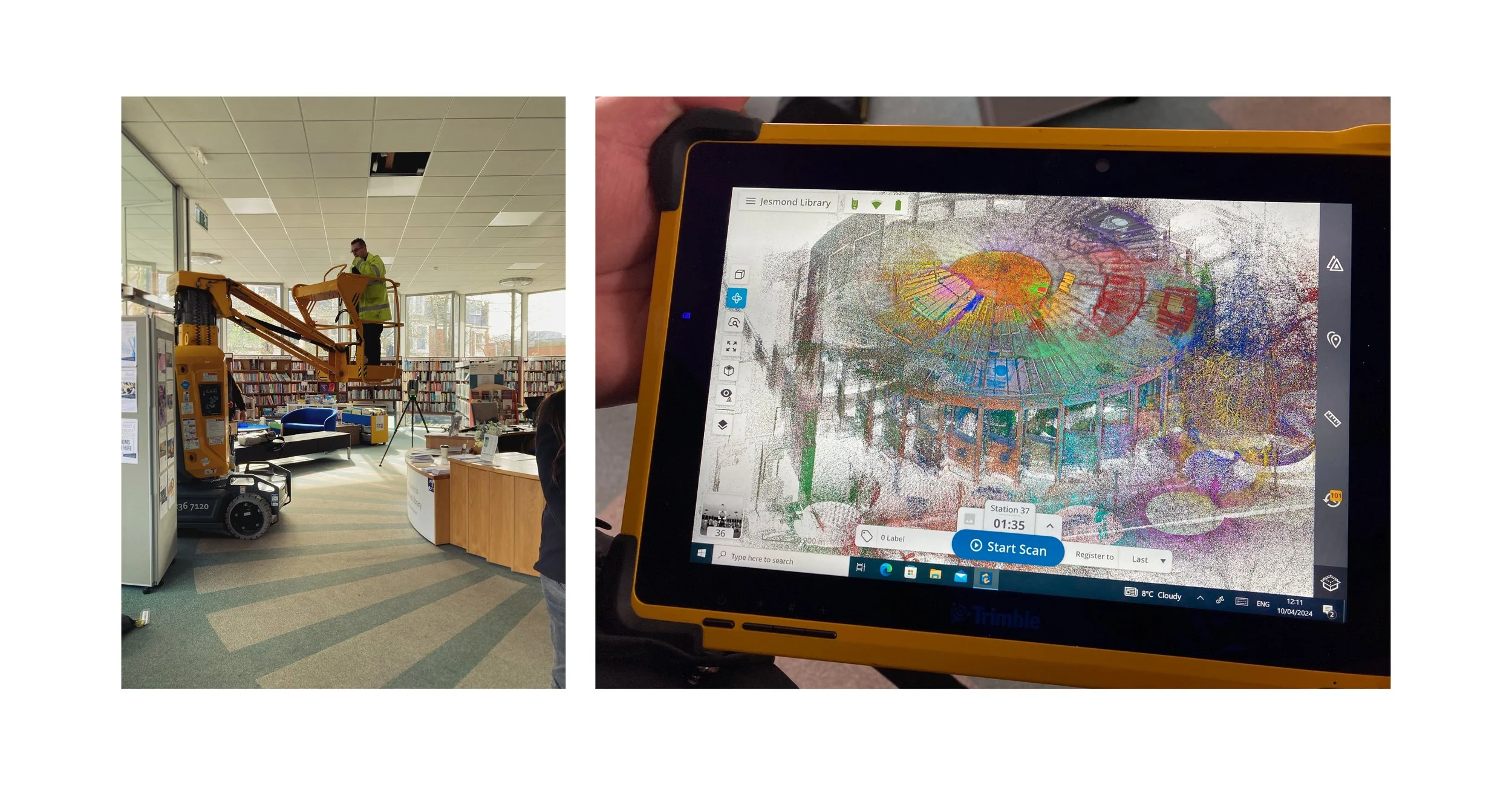 Library interior with a worker on a cherry picker, and a tablet displaying a 3D scan of the library's layout.