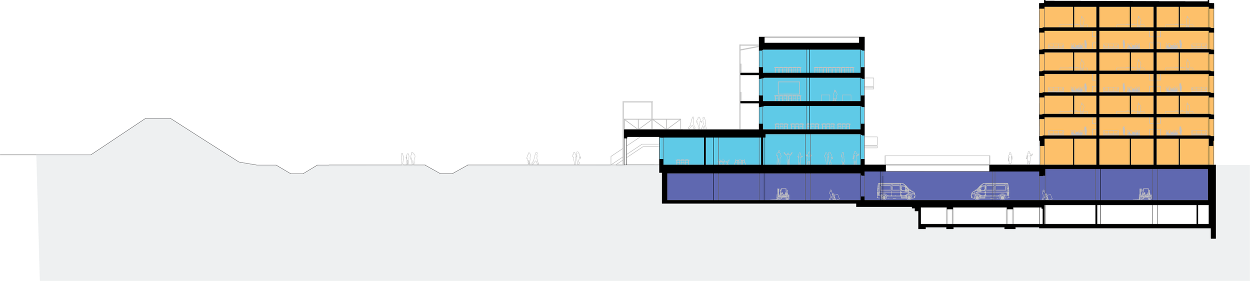 Cross-sectional architectural drawing of a multi-story building with a parking garage in the basement, office spaces, and a residential area, with a mountain in the background.