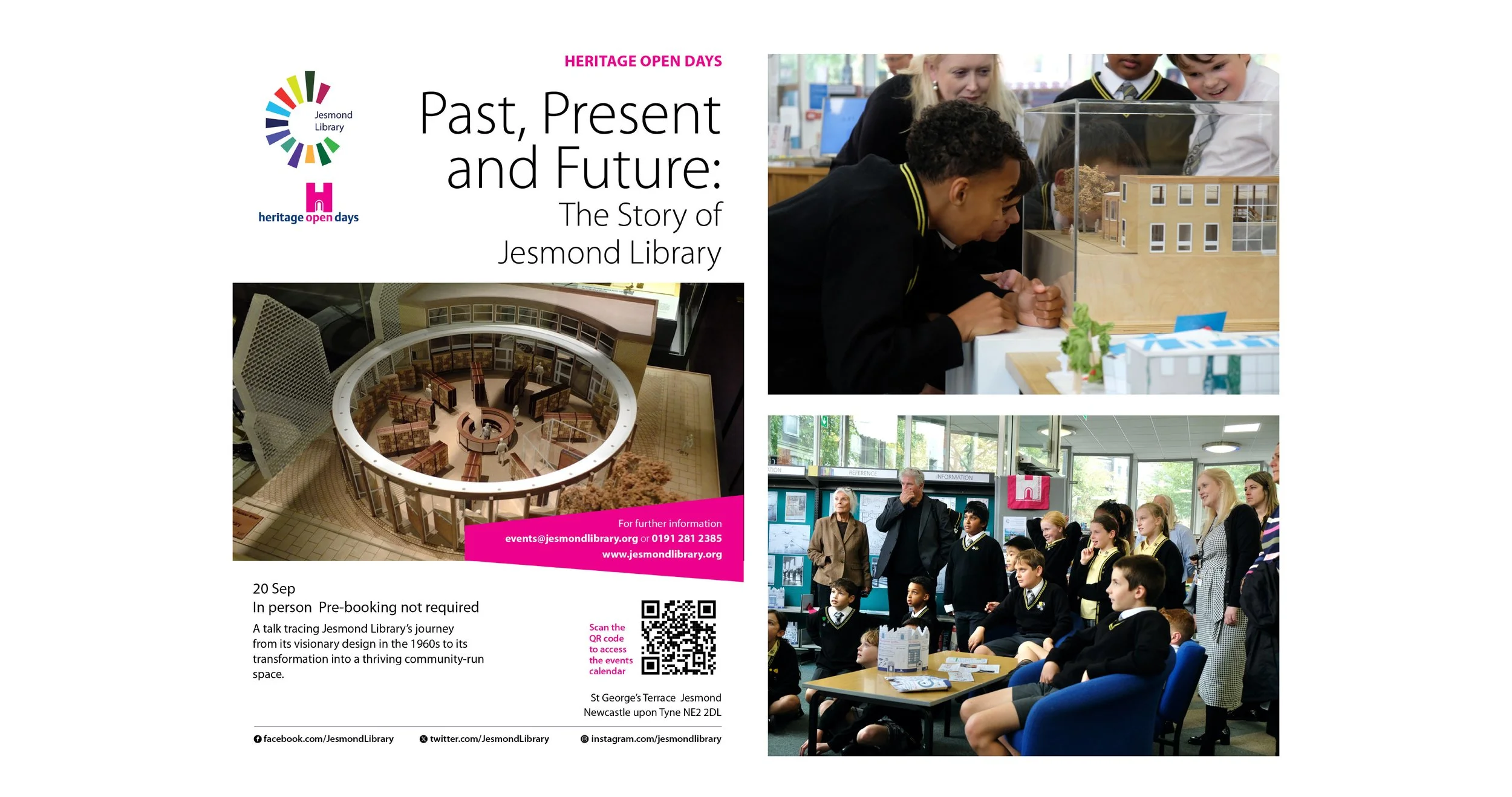 Flyer for heritage open days at Jesmond Library featuring images of children and adults exploring library exhibits, including a model of the library and a group of school children in a classroom setting.