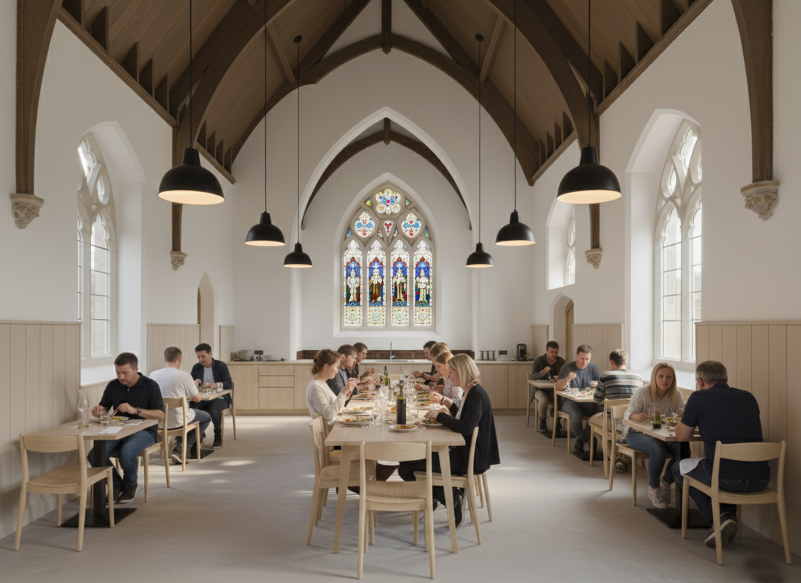 People dining in a chapel-style room with stained glass windows and wooden ceiling.