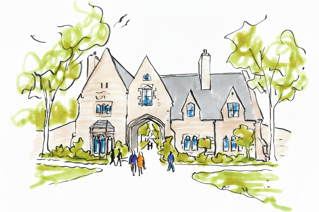 A watercolor sketch of a large, historic house with a steep roof, arched entrance, and multiple windows, surrounded by trees and a walking path with several people.