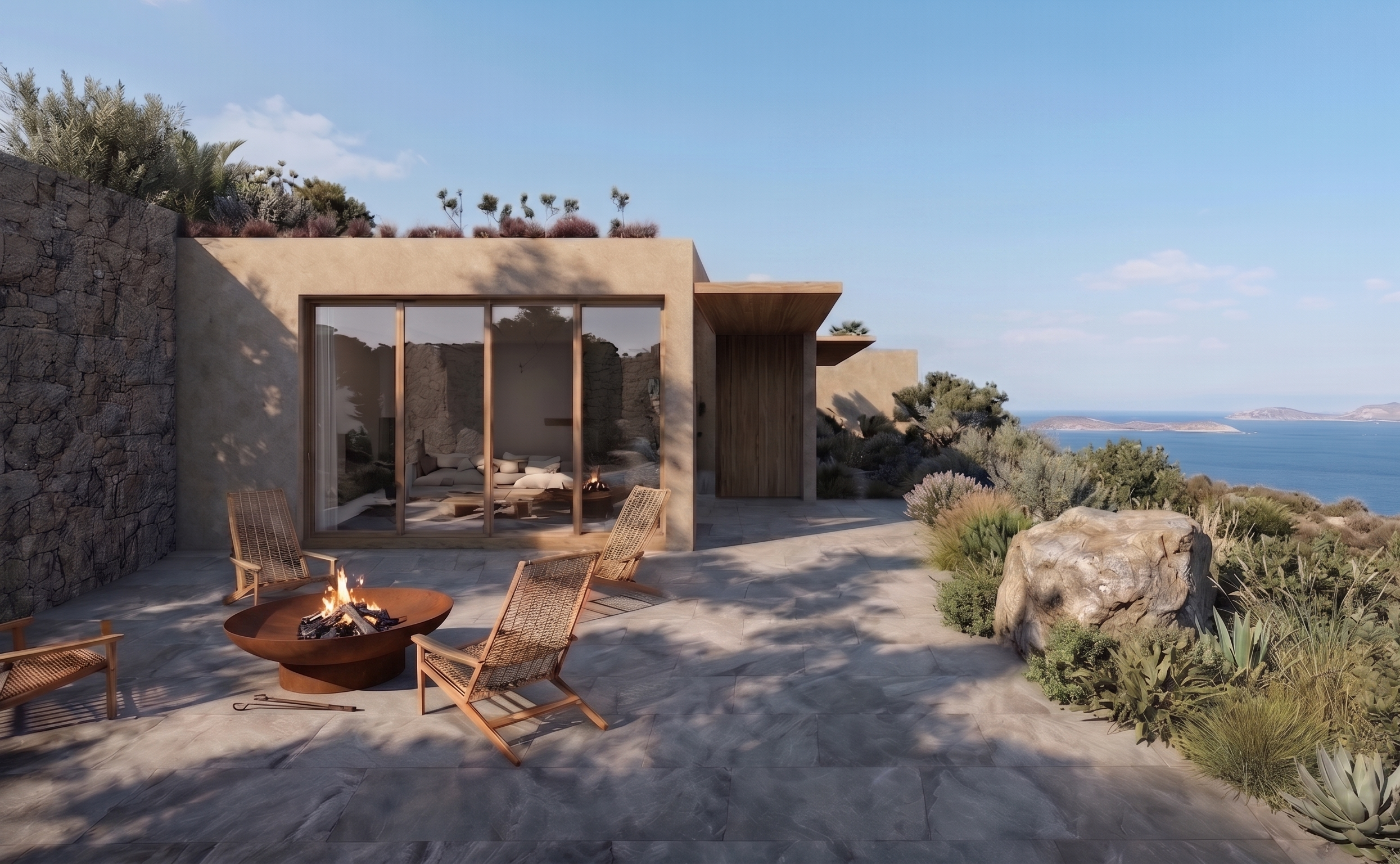 Single-storey house carefully integrated into a hillside, with natural stone walls, timber shading, large glazed openings and outdoor living spaces overlooking the Aegean Sea. The design minimises impact on the sloping site through passive design