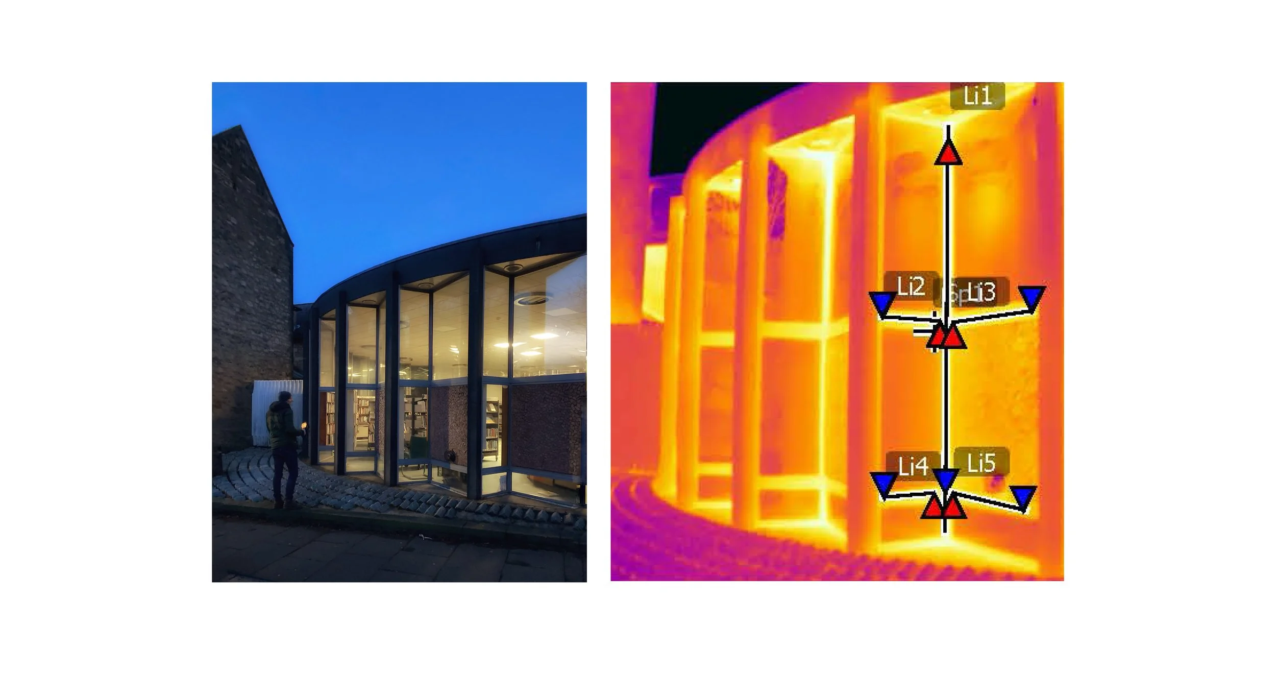 A side-by-side comparison of a building's exterior at dusk and a thermal image of the same building showing heat patterns, with labeled temperature points.