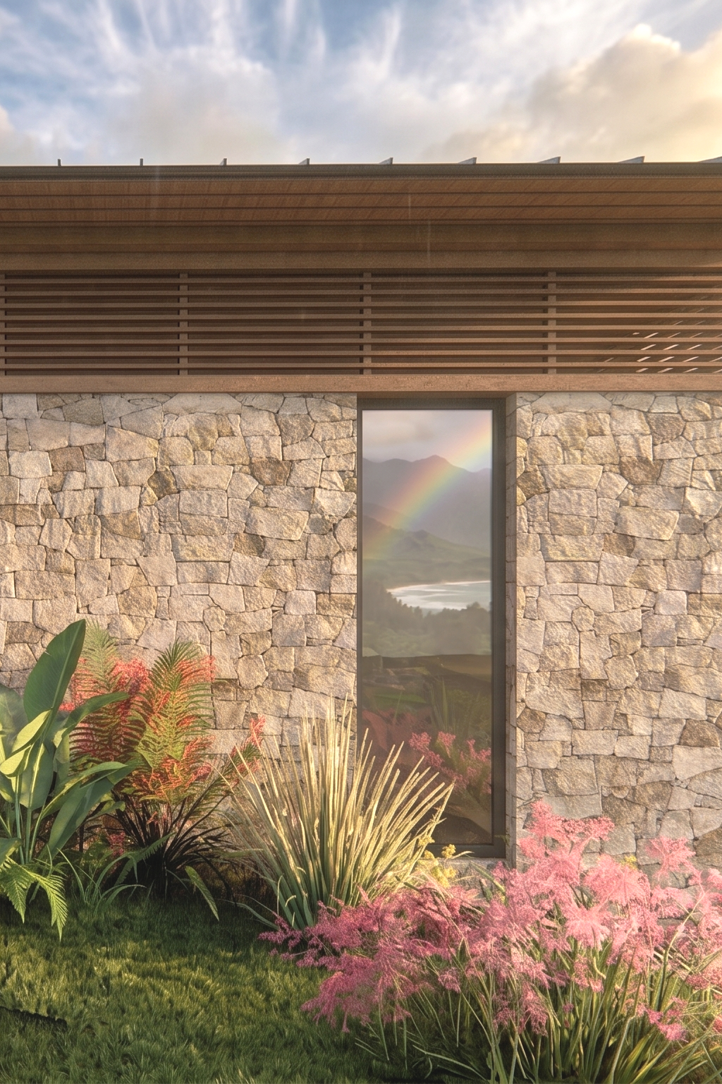 Exterior of a modern building with a stone wall, large window showing a rainbow over mountains and water, and plants in the garden.