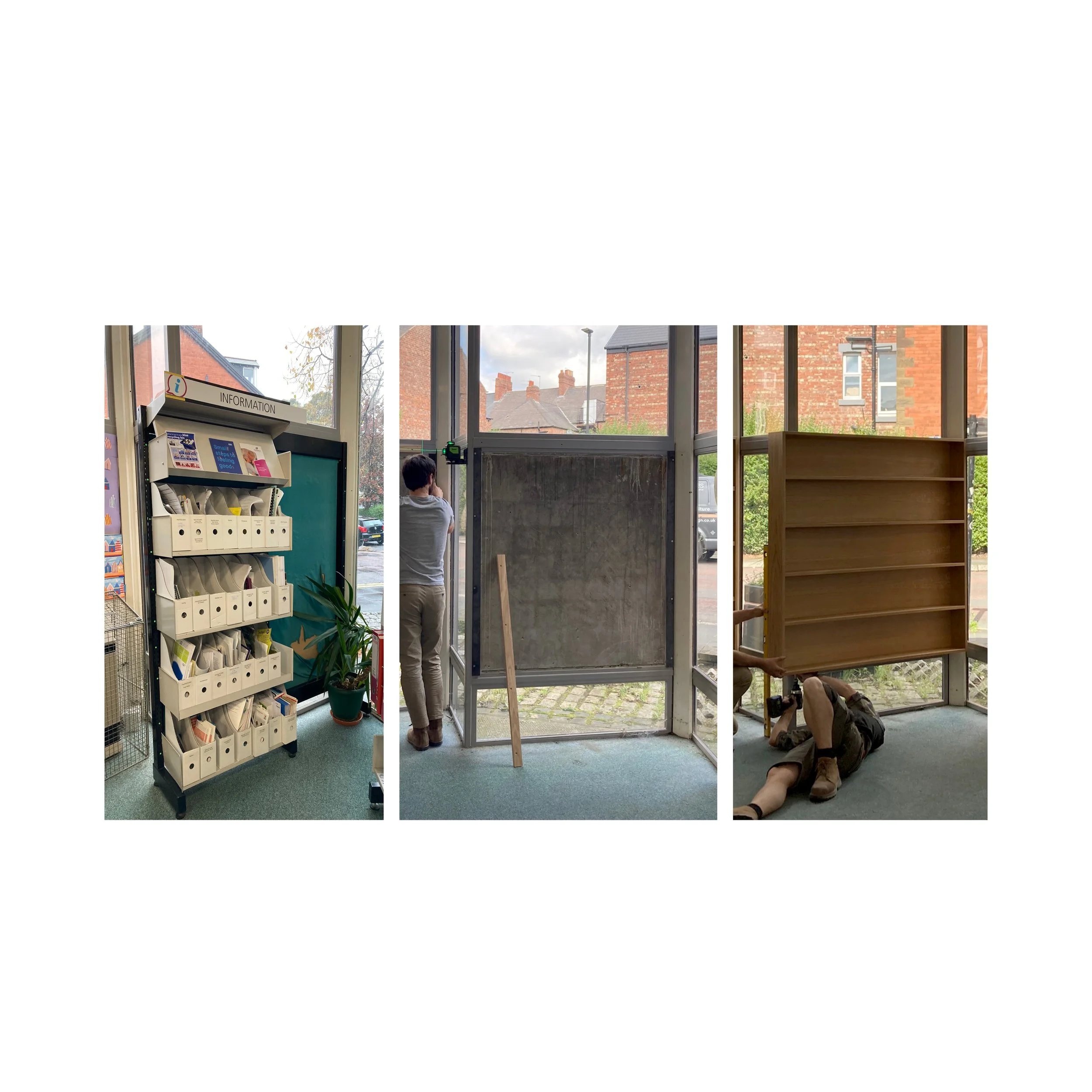 Bespoke replacement timber bookshelves at Jesmond Library designed to improve accessibility, storage and flexibility for community use. Installation in progress beside large windows overlooking the surrounding neighbourhood.